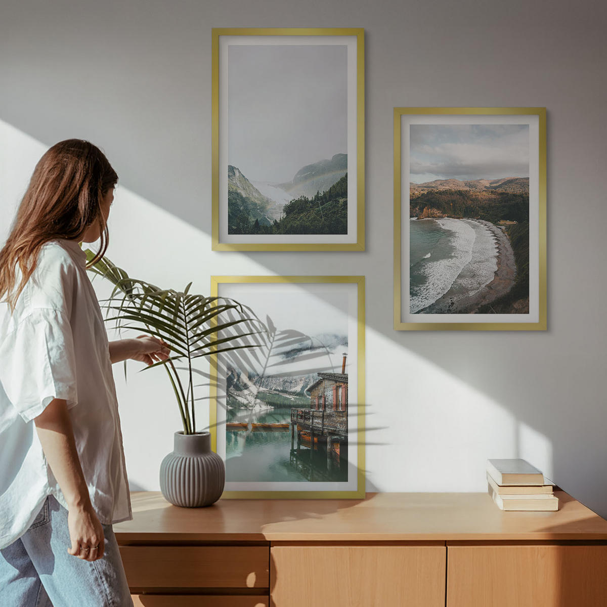 BILDER SET 3er Set - 40x60 cm Goldrahmen - Berge, Strand, Wolken, Wasser - Goldfarben, Kunststoff (40/60cm) - TULUP