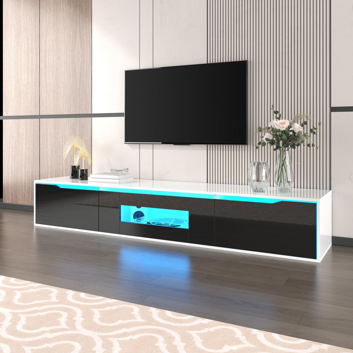 TV-ELEMENT180CM Schwarz Weiß Hochglanz mit 16FarbenLED Rillendesign - Weiß, Holz (46/17/142cm) - Raelunyi