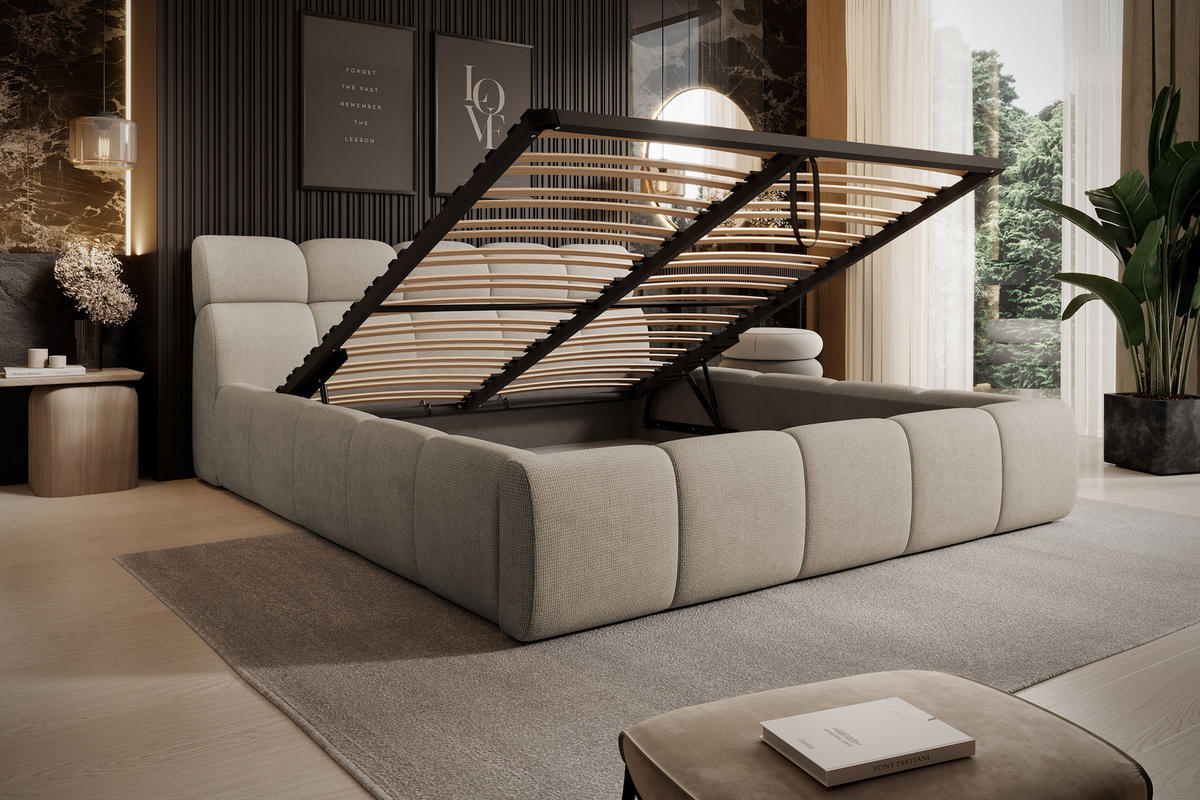 POLSTERBETT GIULIA, komfortabel, mit Bettkasten, verstellbarem Kopfteil und LED, 140x200x96 cm, Farbe Beige - Beige/Schwarz, Holzwerkstoff/Kunststoff (140/200cm) - DomoHome