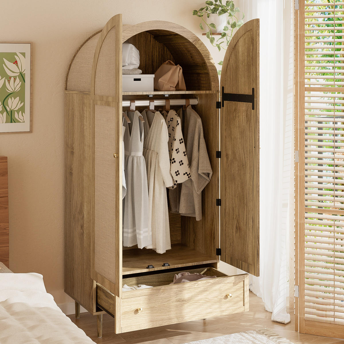 KLEIDERSCHRANK Holz Leinen Schubladen großer Stauraum modern - Eichefarben, Holzwerkstoff (50/175/79cm) - FLIEKS
