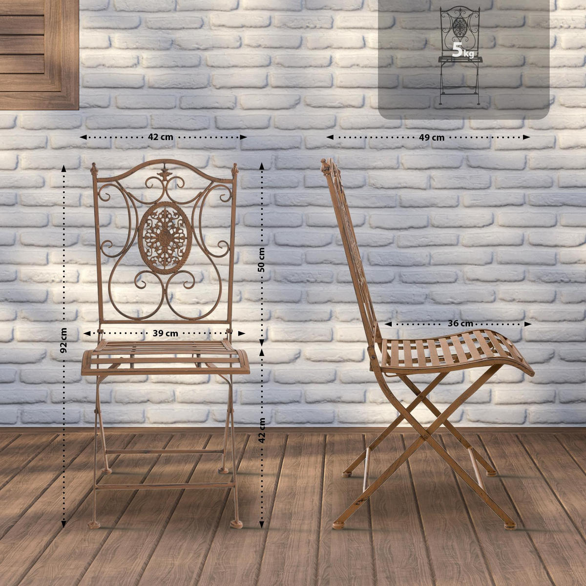 GARTENKLAPPSTUHL 2er Set Metall Antik Braun - Braun, Metall (42/91/49cm) - CLP