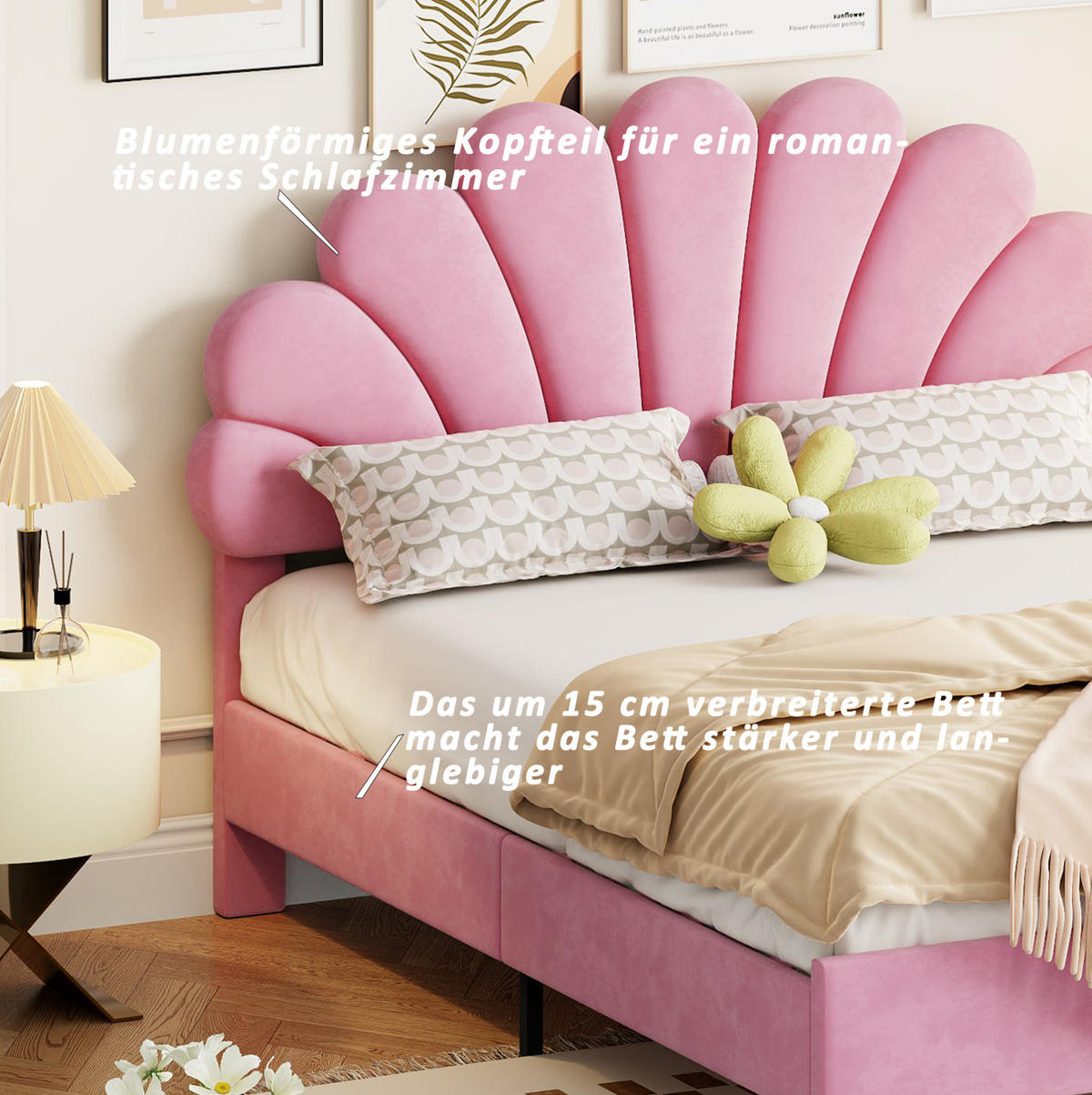 POLSTERBETT 140/200 cm mit Lattenrost und blütenförmigem Kopfteil aus Samt, Rosa - Rosa, Textil (140/200cm) - Redom