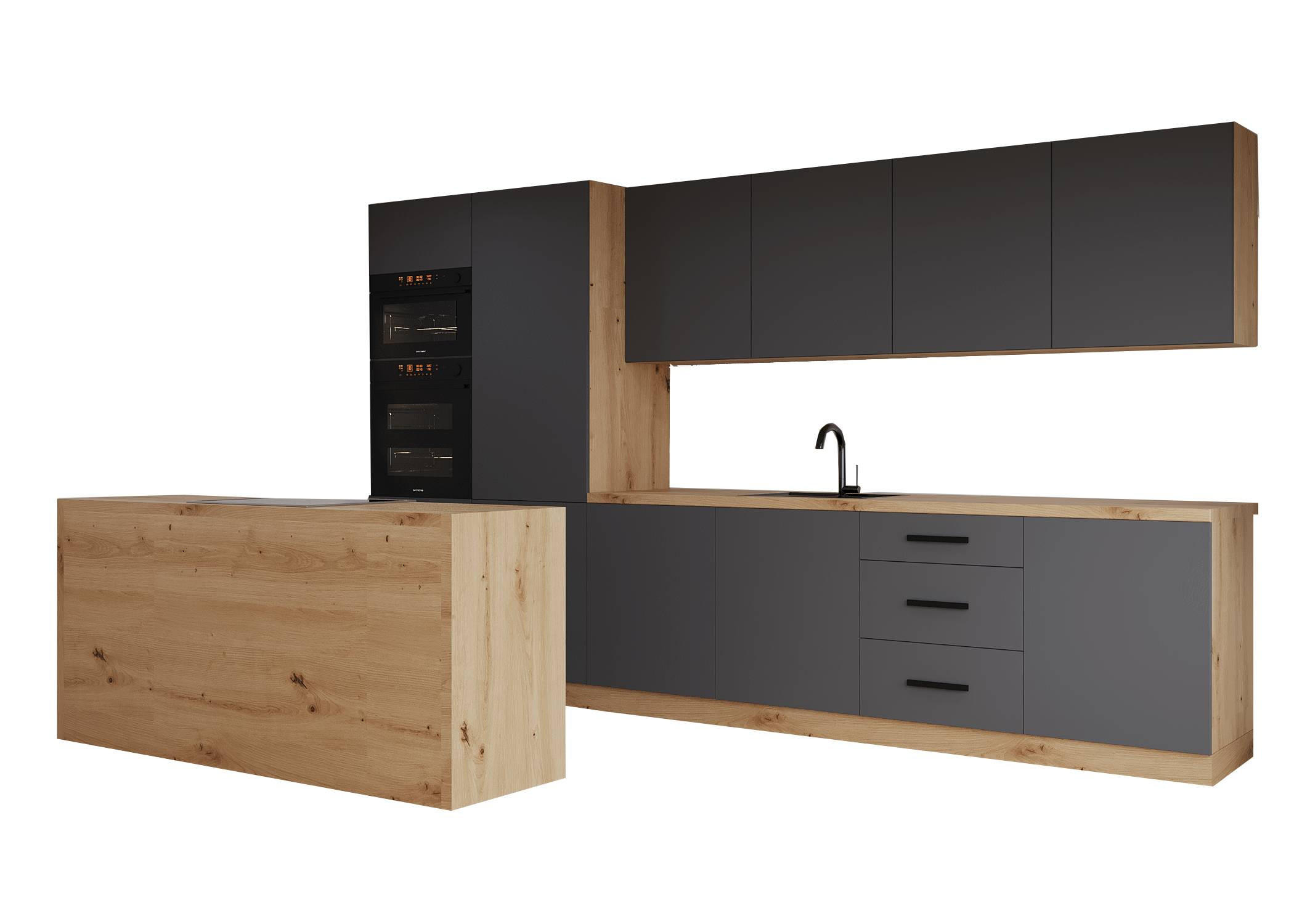 KÜCHENZEILE 360 cm - Langen K104-M360 - in Grau / Matt - Schwarz/Grau, Holz/Holzwerkstoff (360/212/60cm)