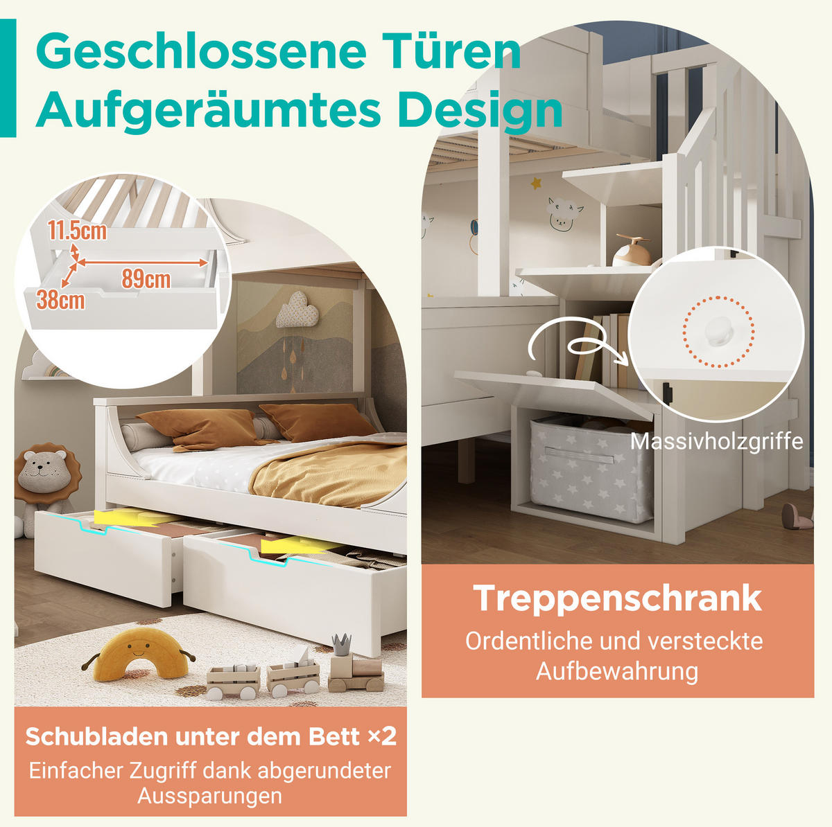 ETAGENBETT 90/140x200 cm in Weiß mit Leiterschrank und Schubladen - Weiß, Metall (90/200cm) - Flora Grace