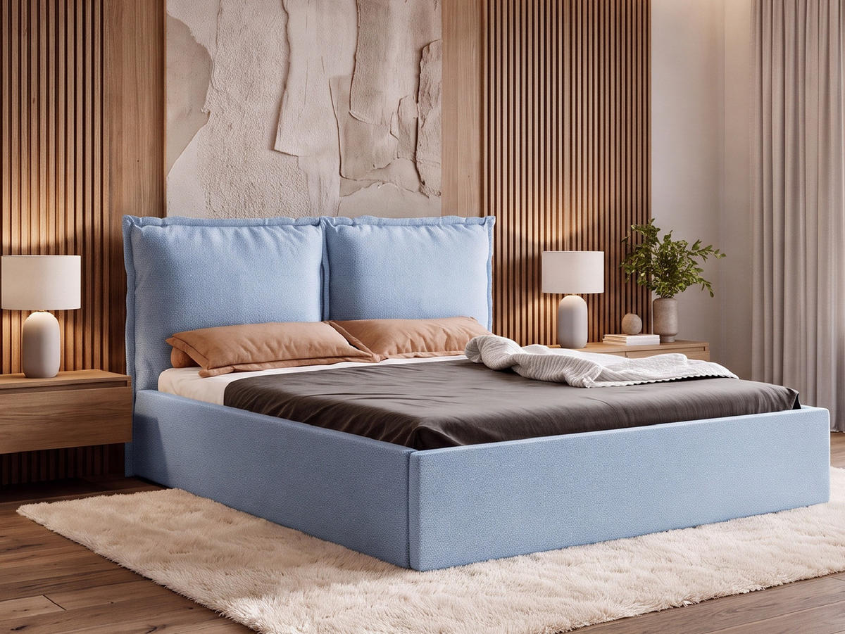 POLSTERBETT MIRA 140x200 cm mit Bettkasten, Stauraum und Metall-Lattenrost – VIBE Hellblau - Schwarz/Hellblau, Textil/Metall (140/200cm) - Luxkor24