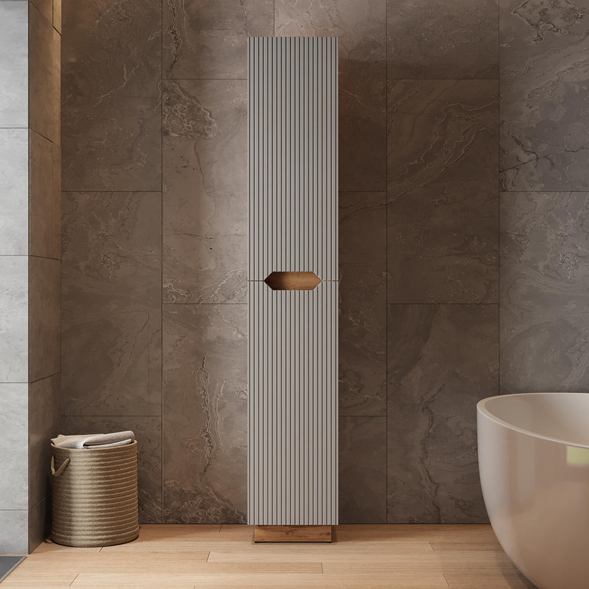 BADSCHRANK Lotta Eiche/grau gestreift 33 x 186 cm mit 2 Türen - Eichefarben/Grau, Holzwerkstoff (33/186/35cm) - Vicco