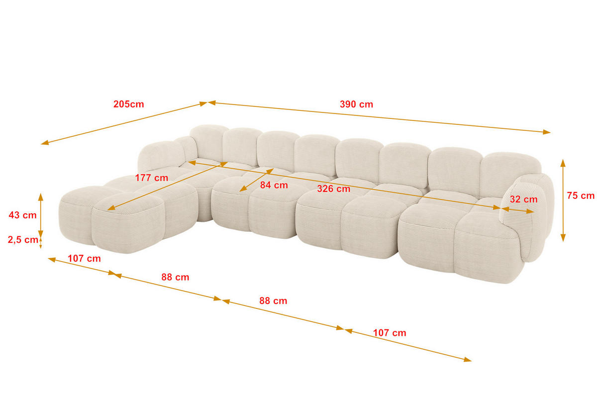 ECKSOFA modulares Sofa Links Miko-L3 390x205x75 Beige Cord - Beige/Schwarz, Holzwerkstoff/Kunststoff (390/205cm) - ALTDECOR