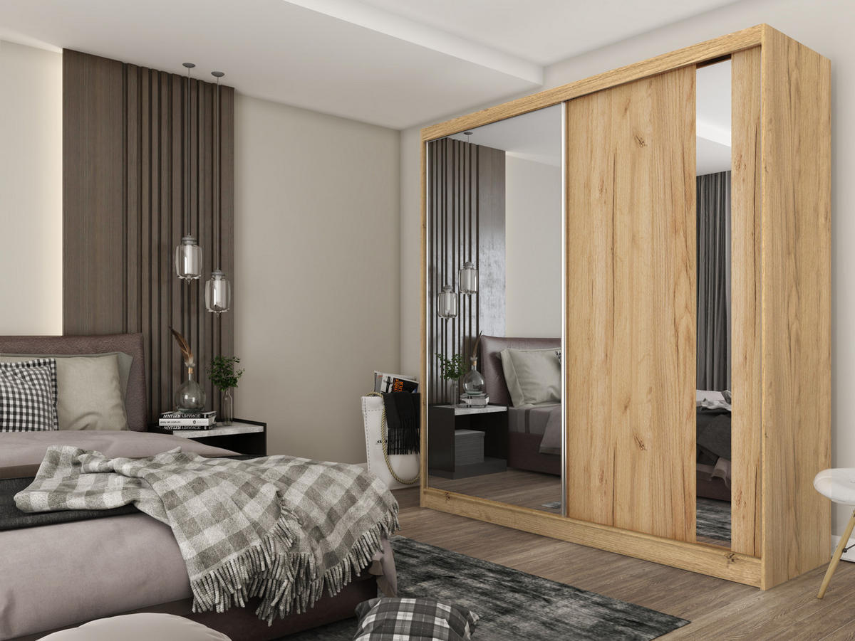 SCHWEBETÜRENSCHRANK GRAZIA 200/216/61 cm 2-türig mit Spiegel Eiche Artisan - Eiche Artisan, Holzwerkstoff (200/216/61cm) - MASSENO