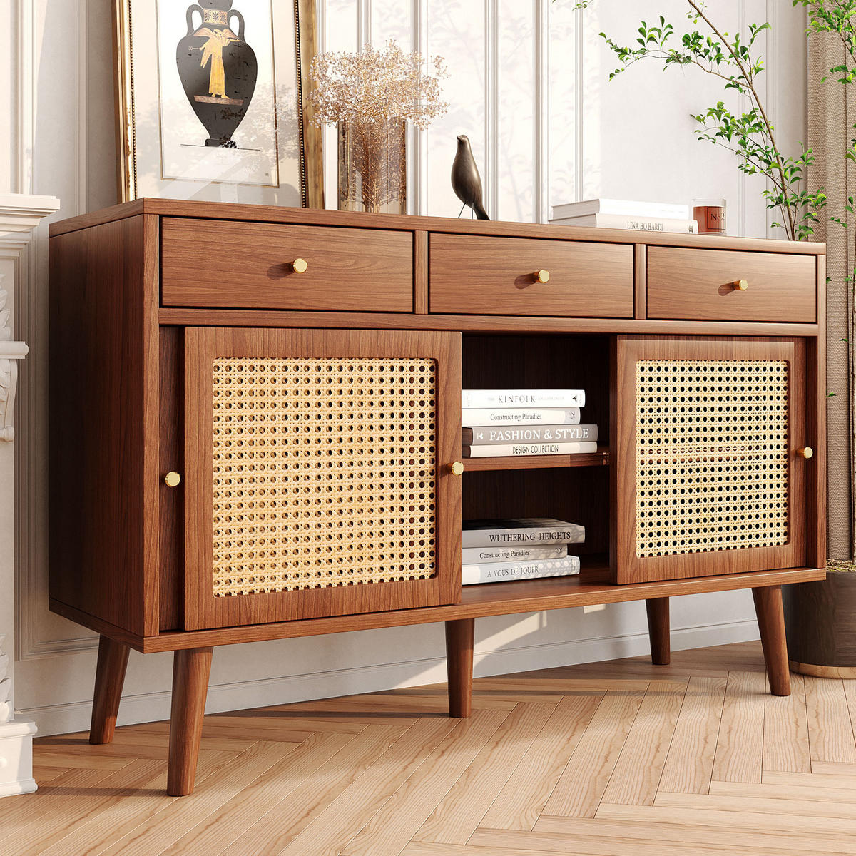 SIDEBOARD 120/40/78 cm aus MDF mit Rattangeflecht und 3 Schubladen Walnussfarben - Eichefarben, Holzwerkstoff (120/78/40cm) - Modenvie