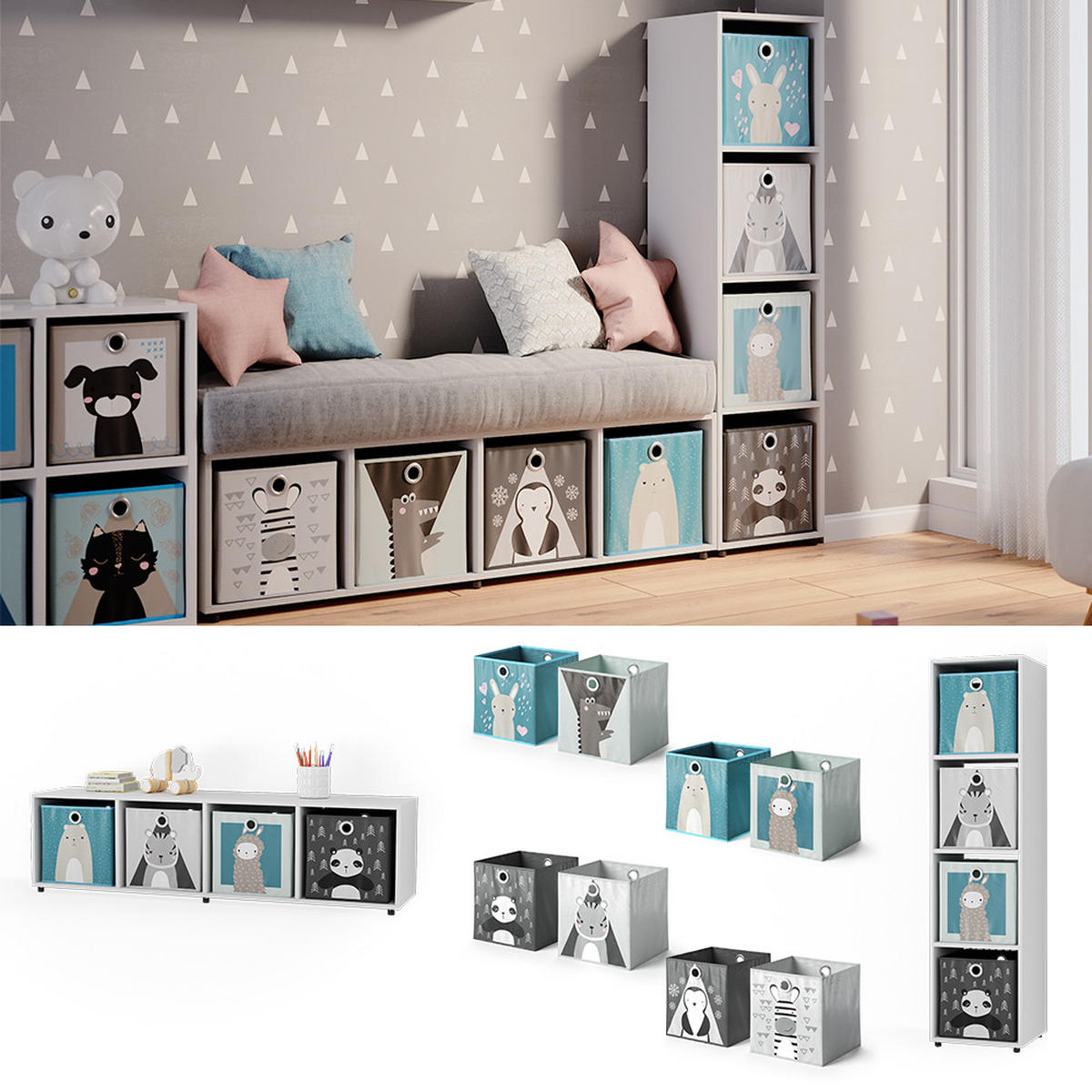 KINDERREGAL Ludus Weiß 142.5 x 36.2 cm mit 4 Faltboxen - Weiß, Holzwerkstoff (142.5/36.2/33cm) - Vicco