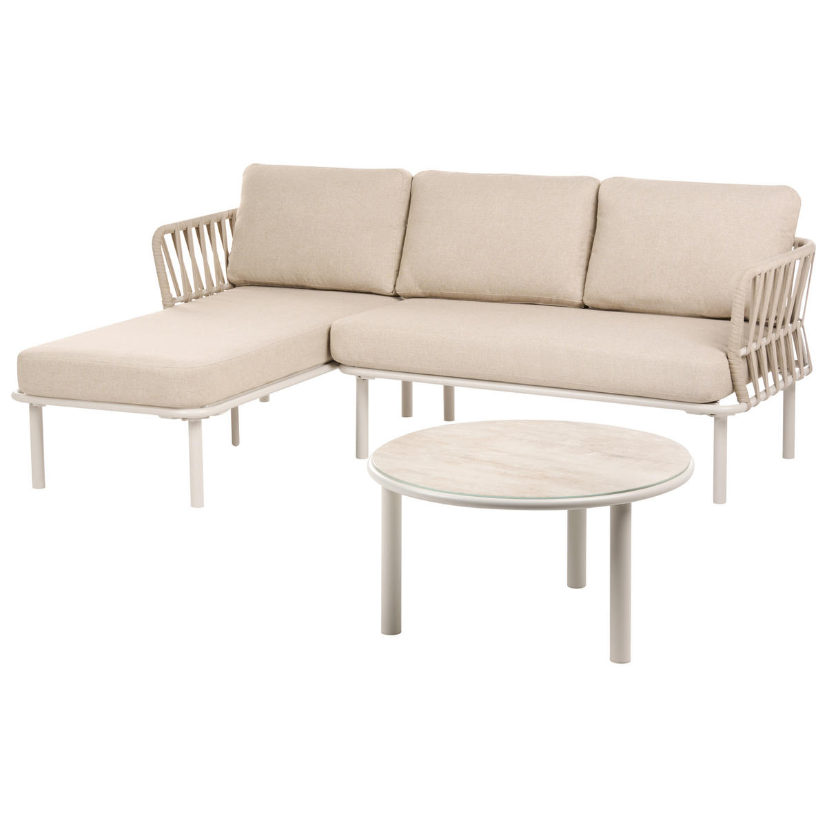 GARTEN Ecksofa mit Tisch 3-Sitzer Metall Beige rechtsseitig Orte - Beige, Metall - Beliani