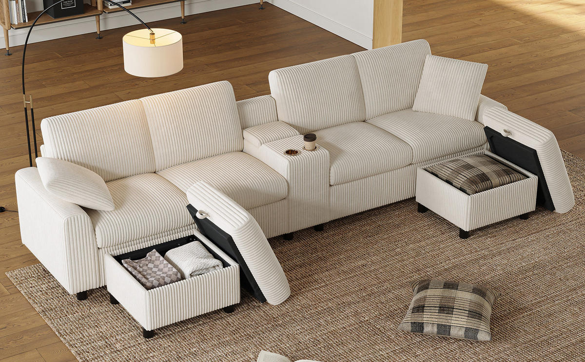 WOHNLANDSCHAFT Beige 315/135/81 cm 4-Sitzer mit Stauraum & Ladefunktion - Beige, Textil (315/81/135cm) - PANGIVO