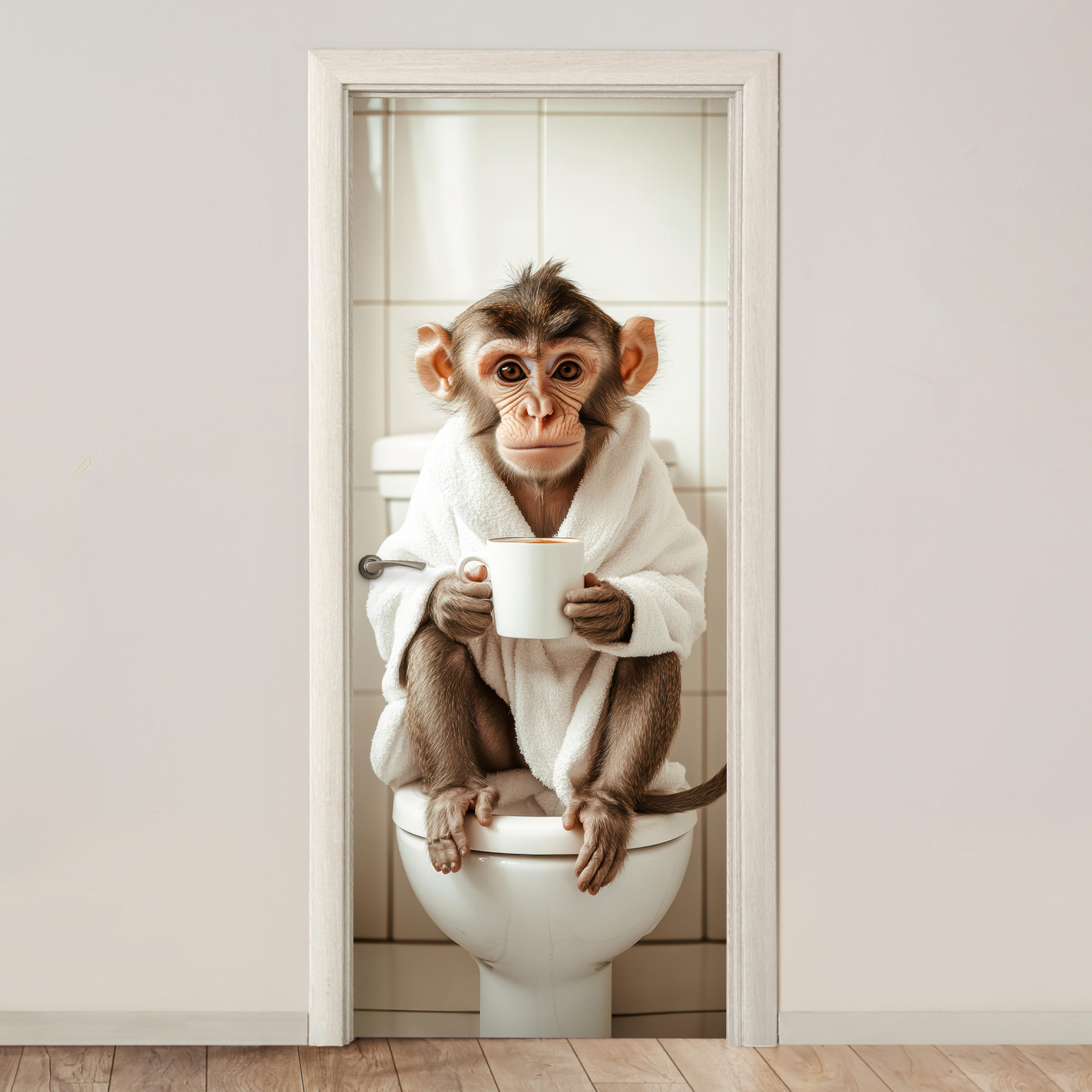 FOTOTAPETE Tür - Affe - Modern - WC - Bademantel 95x235 cm - Rosa, Kunststoff (95/0.1cm) - MuchoWow