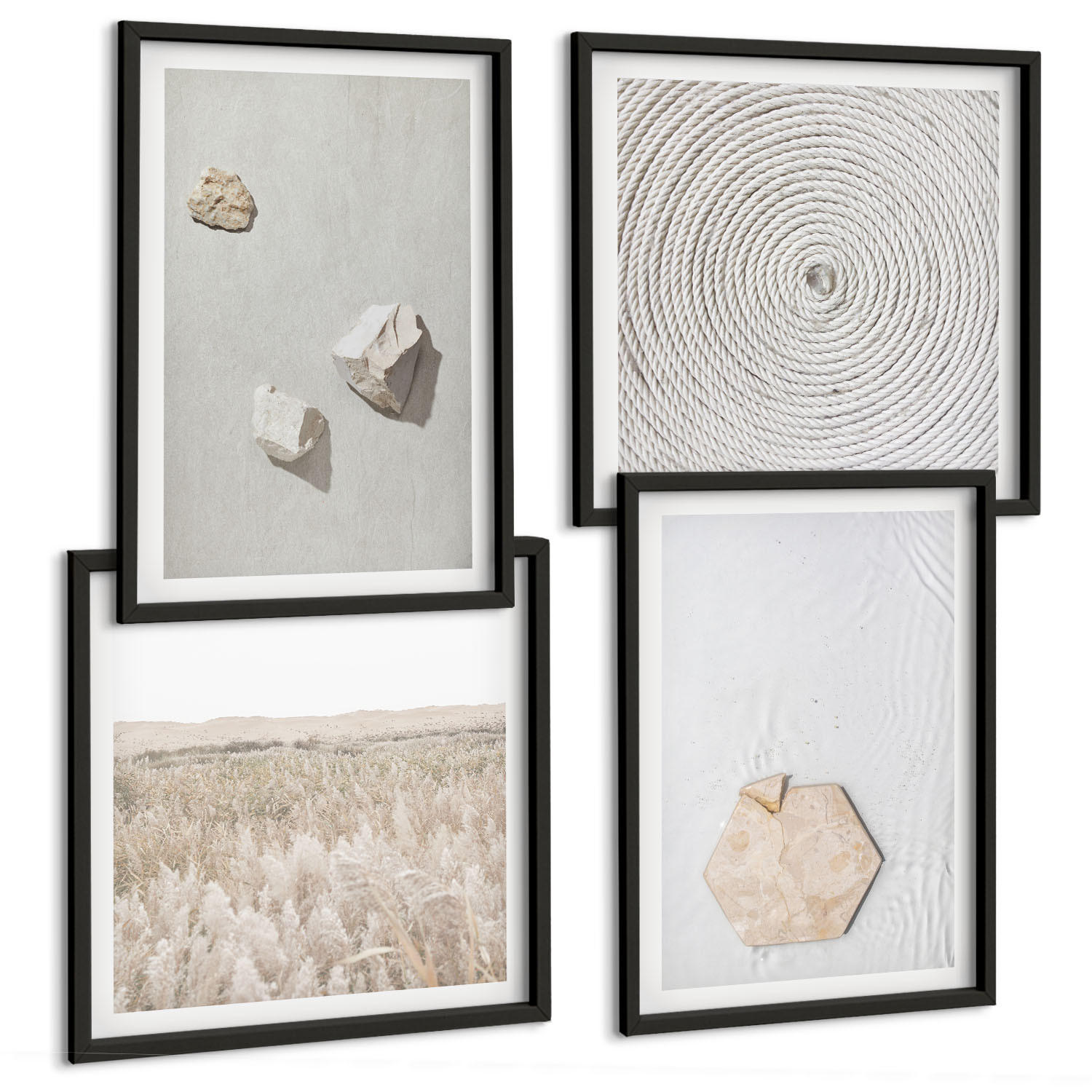 BILDER SET 4er Set - 50x50 cm & 40x60 cm Schwarzer Rahmen - Leichte Boho-Sandtexturen - Schwarz, Kunststoff (50/50cm) - TULUP