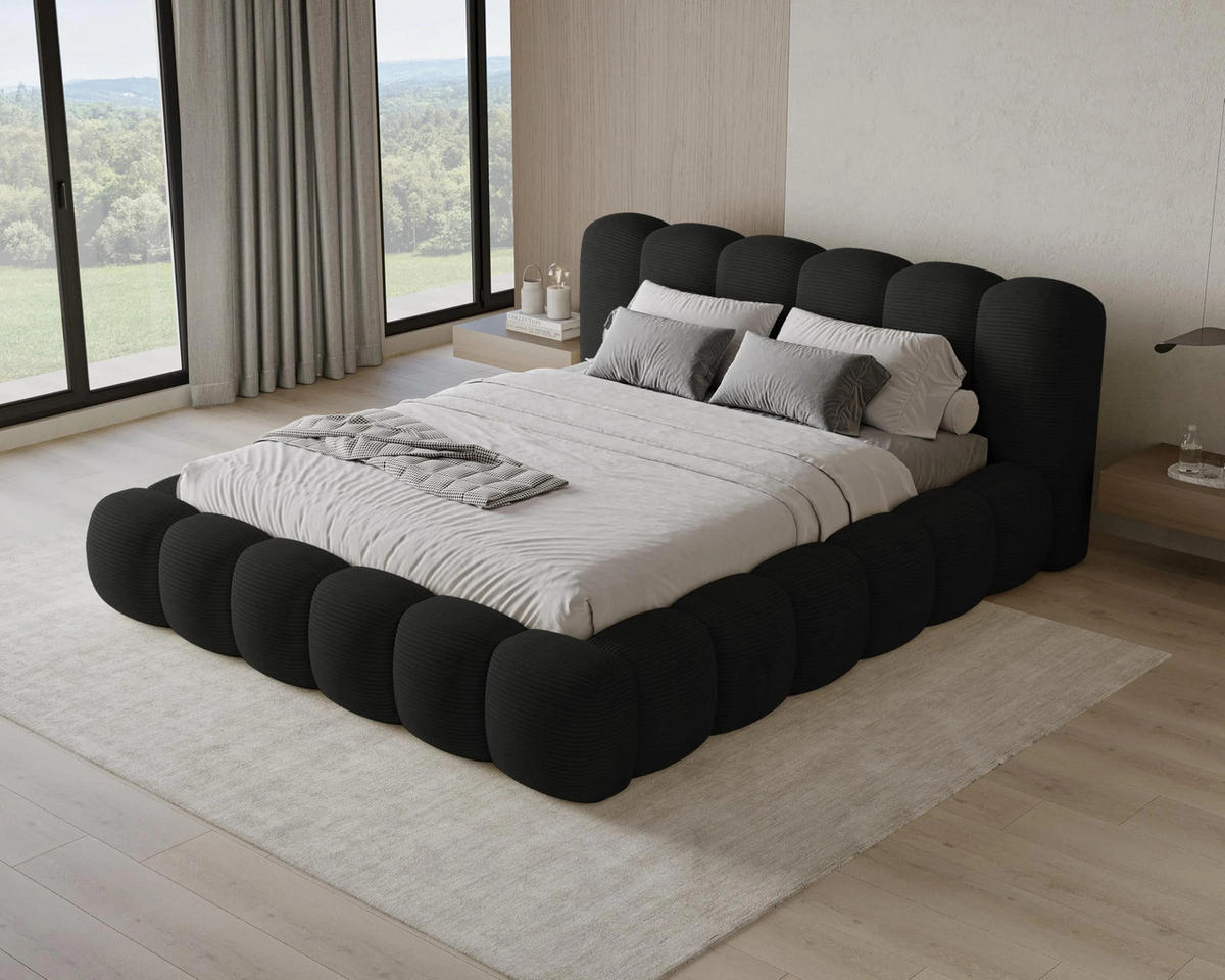 POLSTERBETT Stone 140x200 cm mit Bettkasten, Lattenrost und Kopfteil - Holzrahmen, Cord Schwarz - Schwarz, Holz (140/200cm) - Chilly