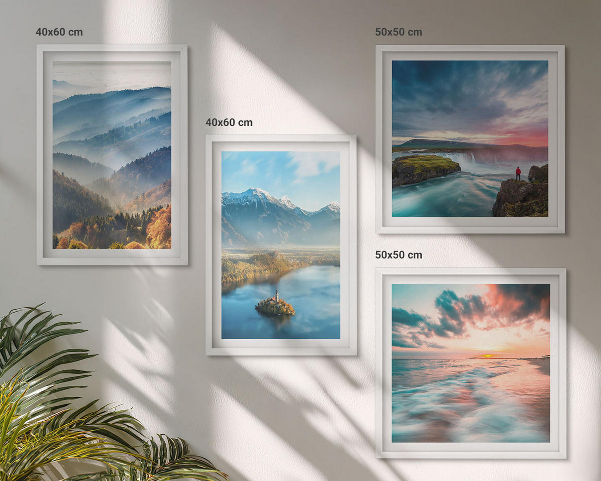 BILDER SET 4er Set - 50x50 cm & 40x60 cm Weißer Rahmen - Berglandschaften, Wasserfälle - Weiß, Kunststoff (50/50cm) - TULUP