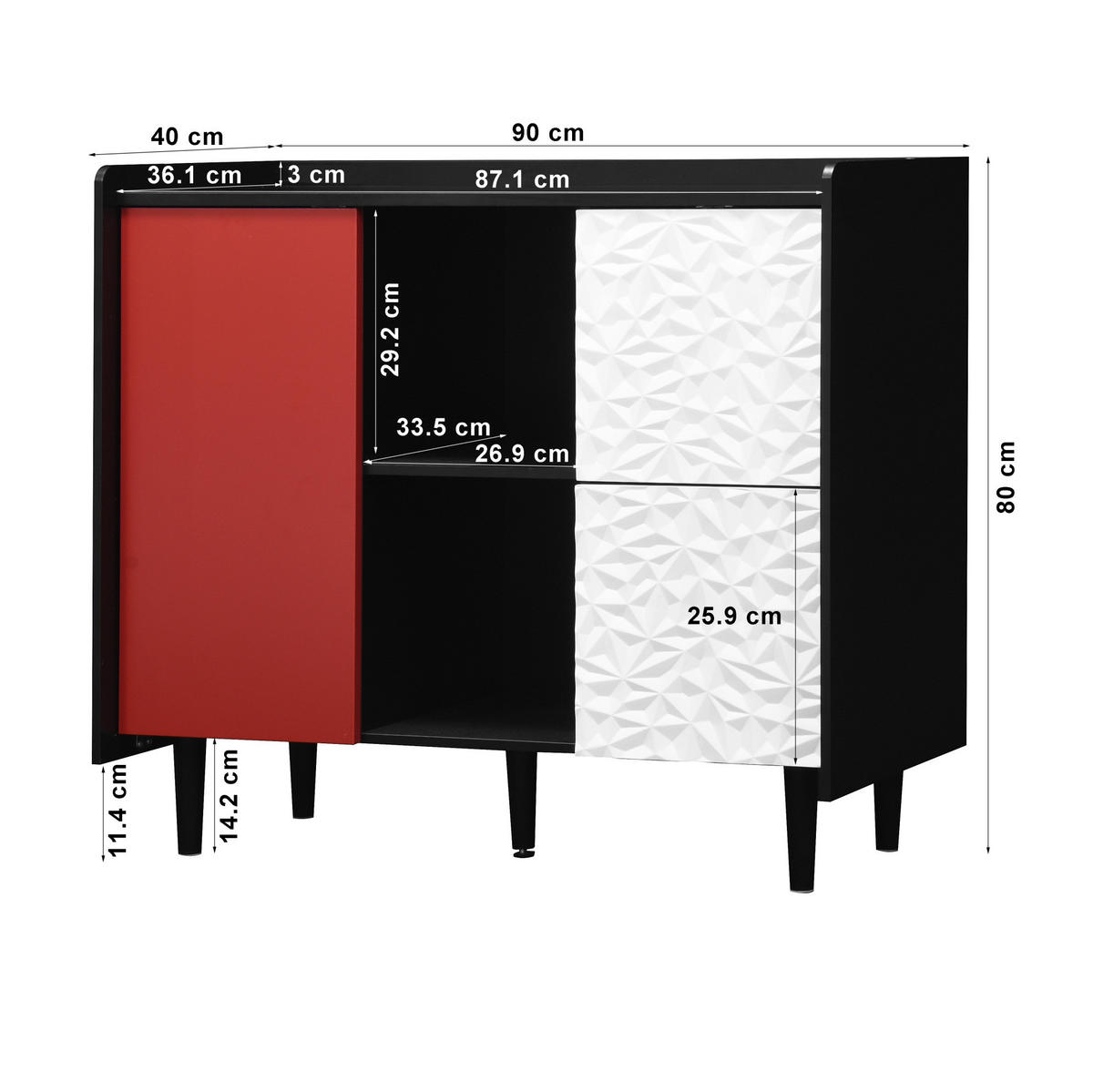 SIDEBOARD 90/40/80 cm mit 2 Schubladen & offenen Fächern in Schwarz/Rot - Rot, Holzwerkstoff (90/80/40cm) - BEAOK