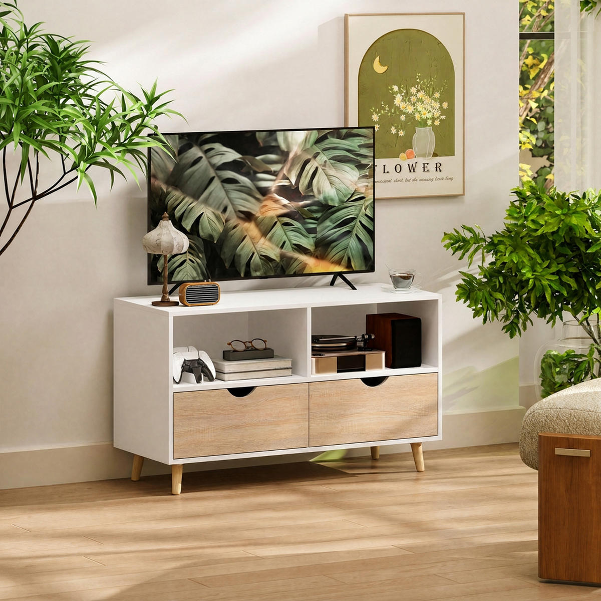 TV SKŘÍŇKA Lowboard se 2 policemi, zásuvkou, bílá - bílá, kompozitní dřevo (39/58.3/99cm) - HOMCOM