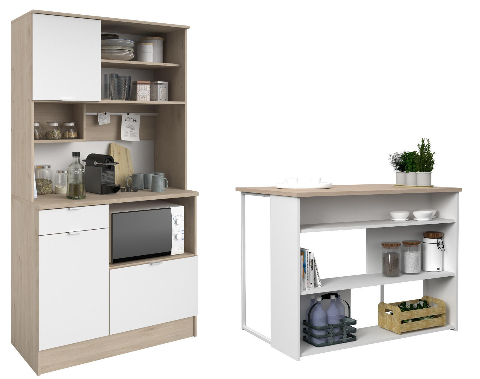 BUFFET weiß, Eiche, Set 2-tlg. Buffetschrank und Kücheninsel - Eichefarben/Weiß, Holzwerkstoff/Metall (116/184/80cm) - Parisot Meuble