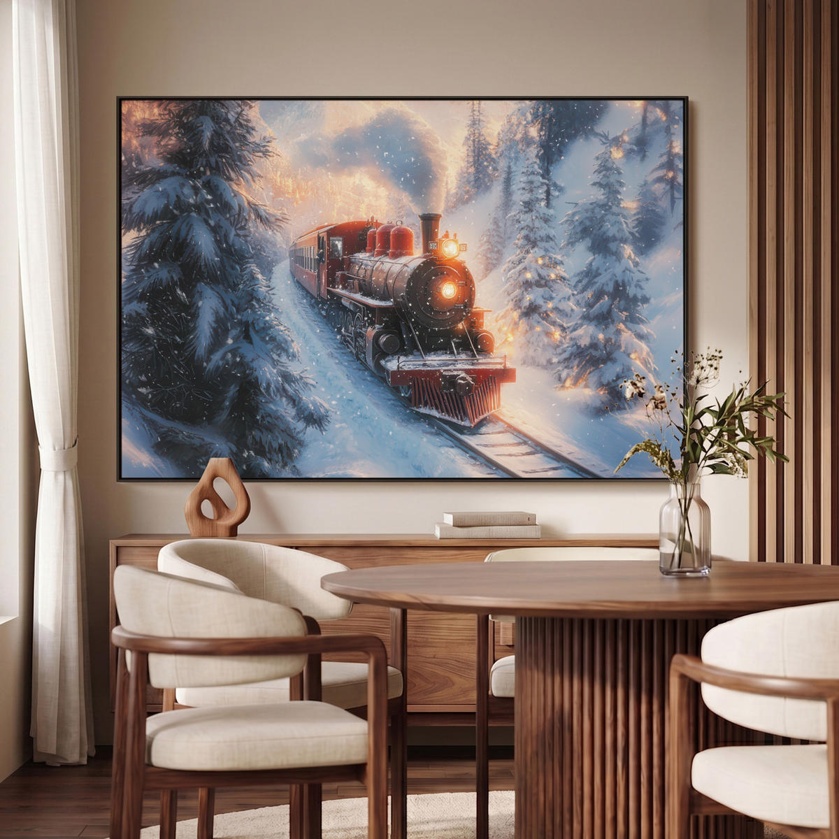 LEINWAND Bilder mit Rahmen - Weihnachtszug - Schnee - Winter - Weihnachten - 120x80 - Dunkelrot, Textil (120/80cm) - MuchoWow