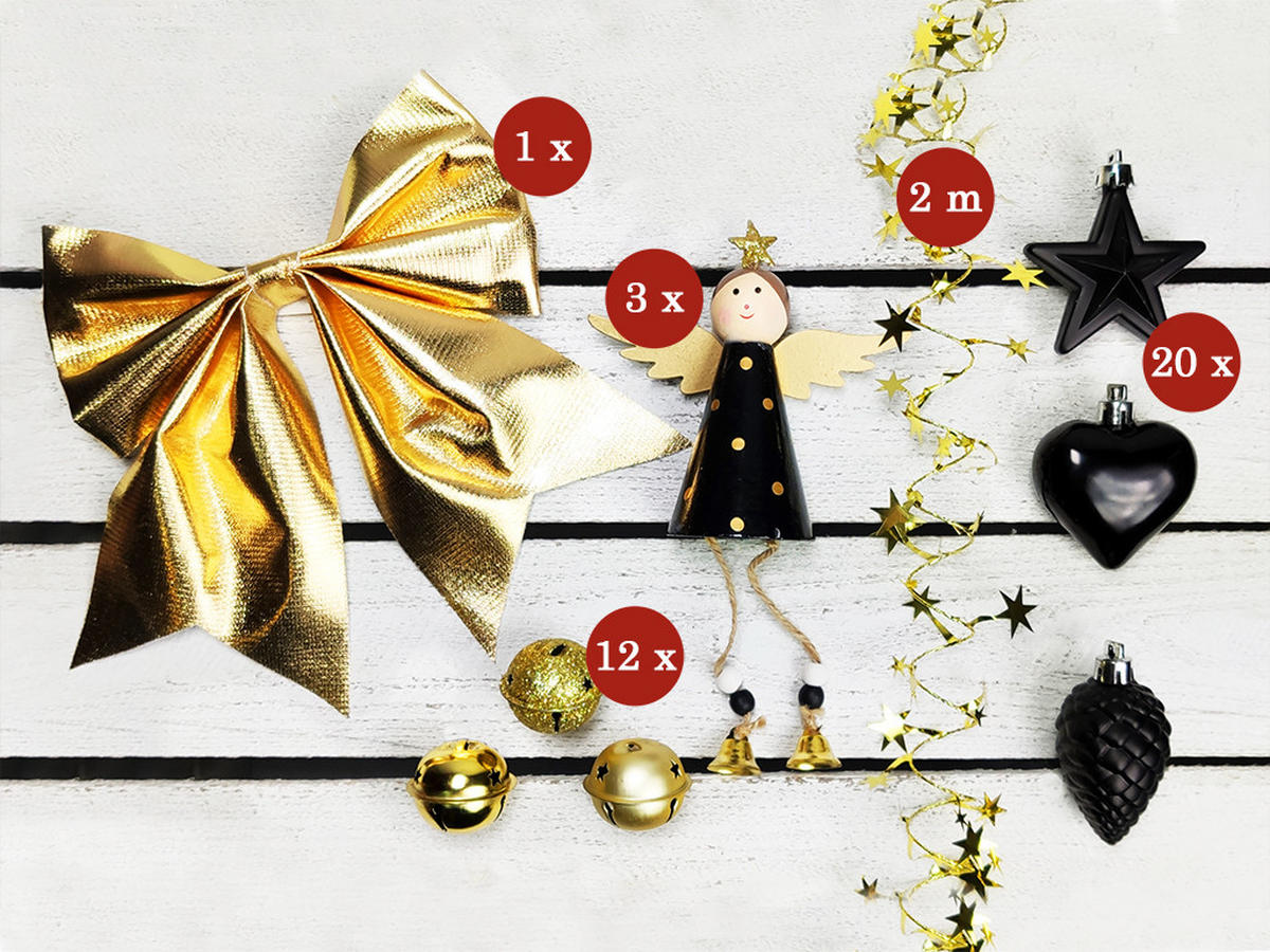 WEIHNACHTSBAUM künstlicher 60 cm mit LED-Beleuchtung, NACHTHIMMEL, mit 37 Weihnachtsbaumschmuck, Pflanztopf mit Jutesack - Goldfarben/Schwarz, Kunststoff/Stein (40/60cm) - LAALU