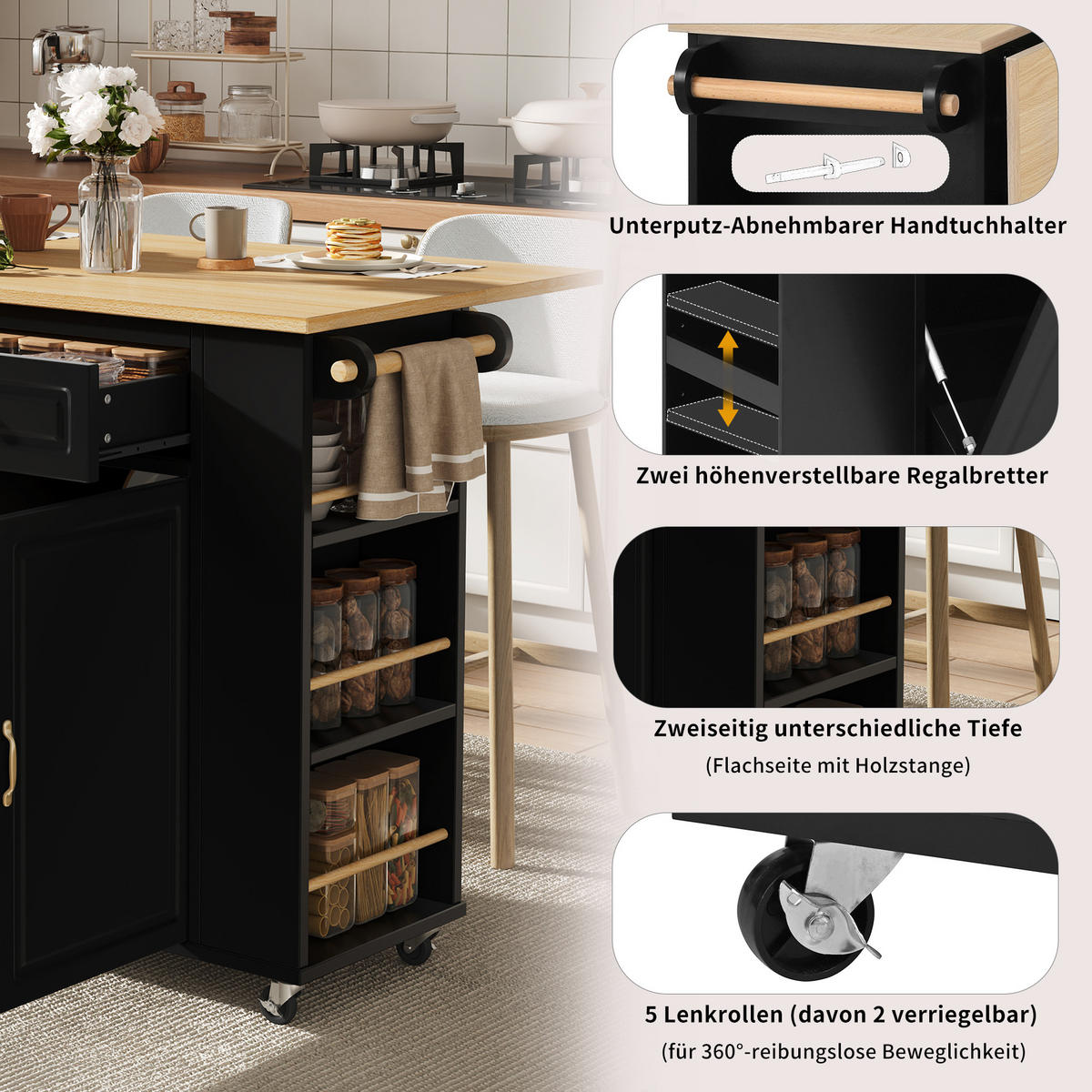 KÜCHENINSEL 120x70x91.5cm Schwarz mit Ausziehplatte & Rollen - Schwarz, Holzwerkstoff (120/91.5/70cm) - Modfu