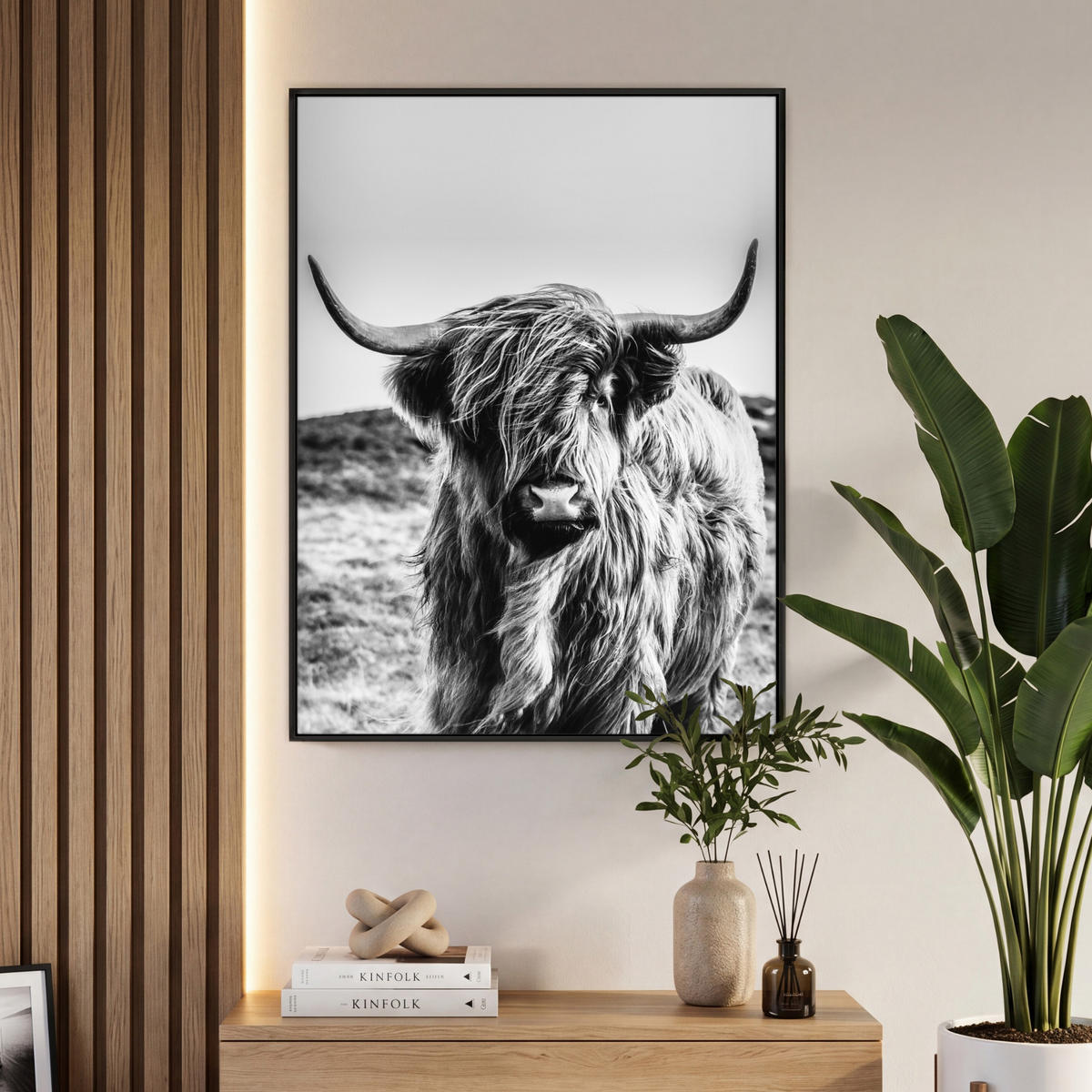 LEINWAND Bilder mit Rahmen - Kuh - Schottischer Hochländer - Schwarz - Weiß - Tier - Natur - Wildtiere - 70x100 - Schwarz, Textil (70/100cm) - MuchoWow
