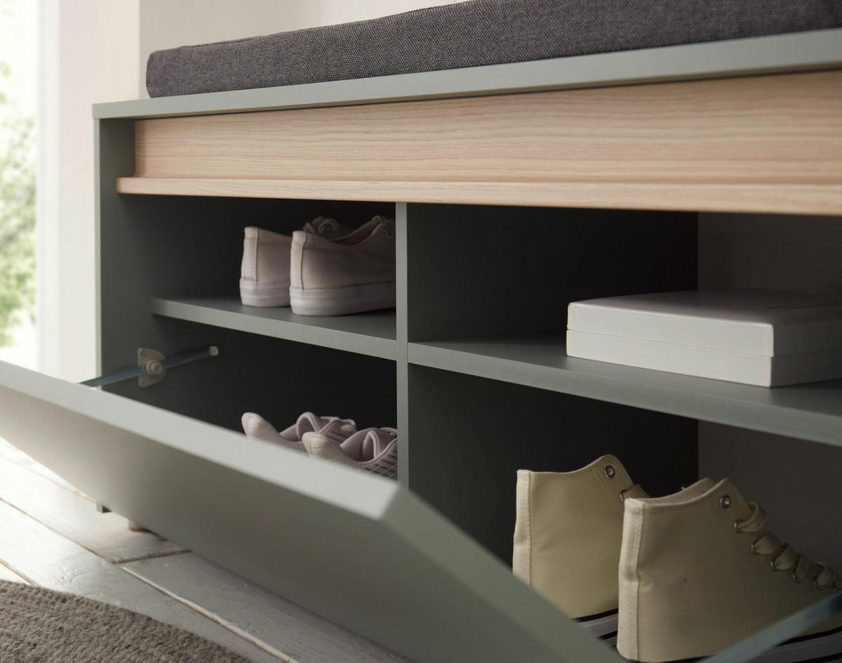 GARDEROBE Komplett-Set 5-teilig in Salbei Grün mit Eiche, Flurgarderobe 230 x 200 cm, inkl. Sitzkissen - Salbeigrün/Eichefarben, Glas/Holz (230/200/40cm) - Furn.Design