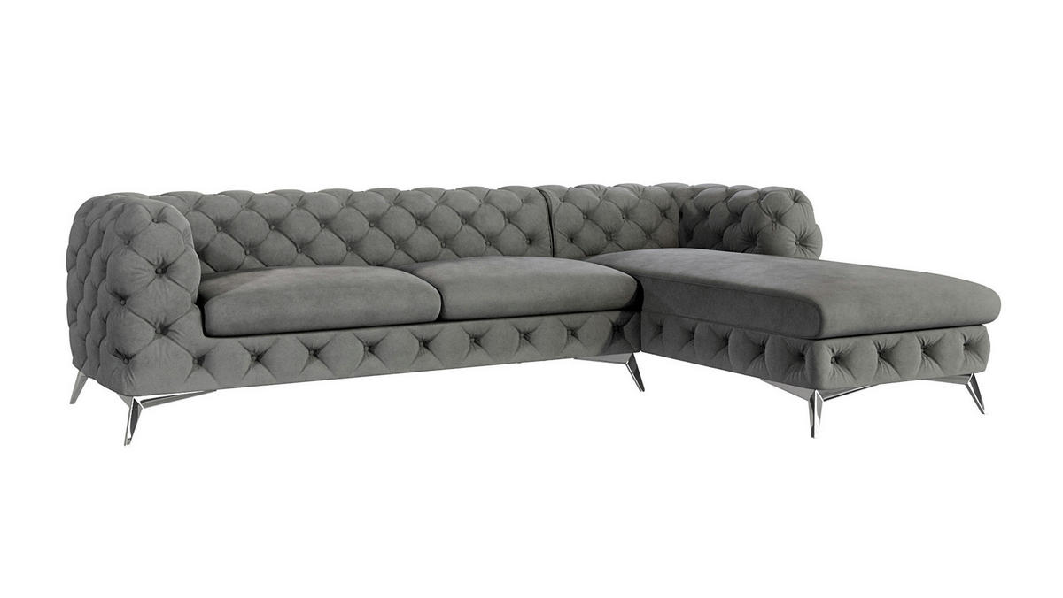 ECKSOFA Chesterfield Laura Grau Samt - Silberfarben/Grau, Holz/Textil (305/200cm) - S-Style Möbel