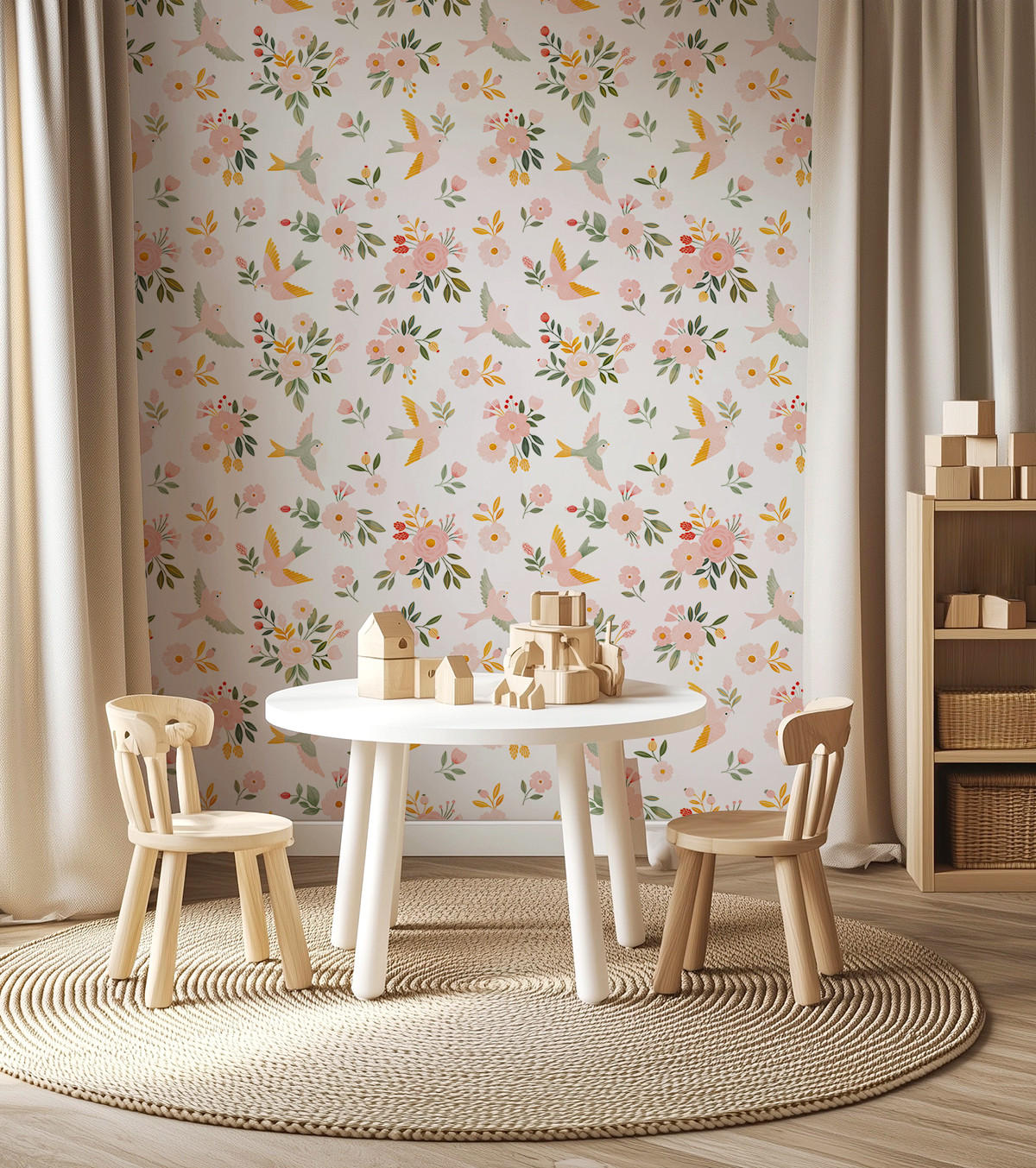 VLIESTAPETE Alysse, Vögel und Blumen 50 cm x 10 m, bunt - Pink/Weiß, Papier (1000/50cm) - Lilipinso