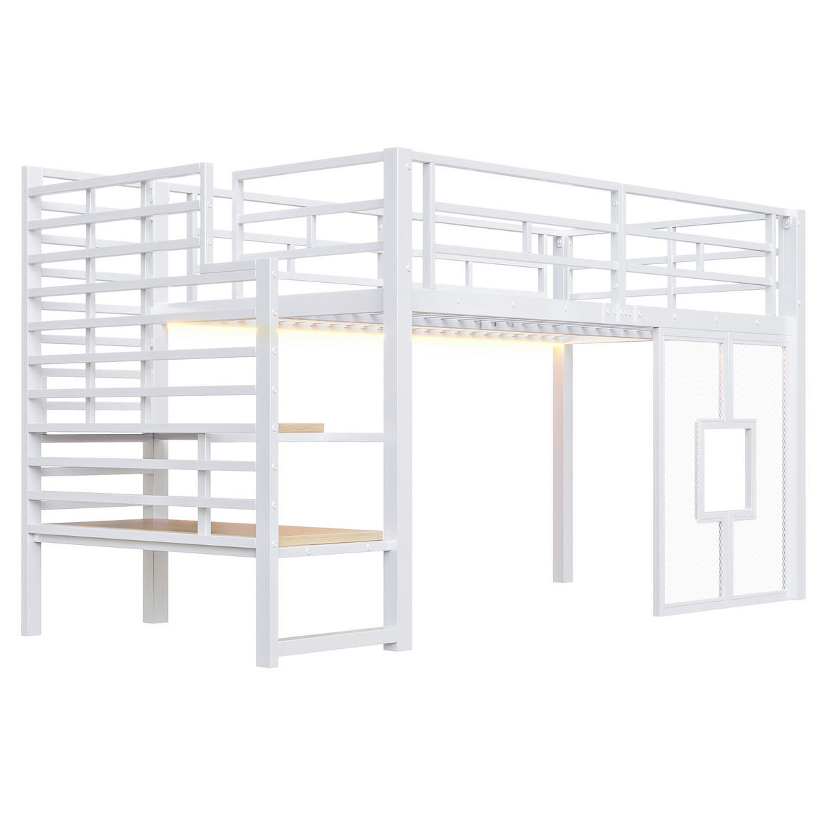 HOCHBETT 90/200 cm in Weiß mit Treppe, Stauraum und LED - Weiß, Metall (90/200cm) - WISHDOR