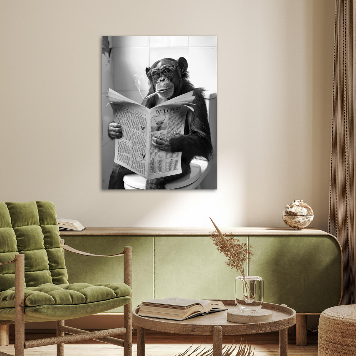 POSTER Affe - WC - Zeitung - Schwarz-Weiß - Humor 60x80 cm - Hellgrau, Papier (60/80/0.1cm) - MuchoWow