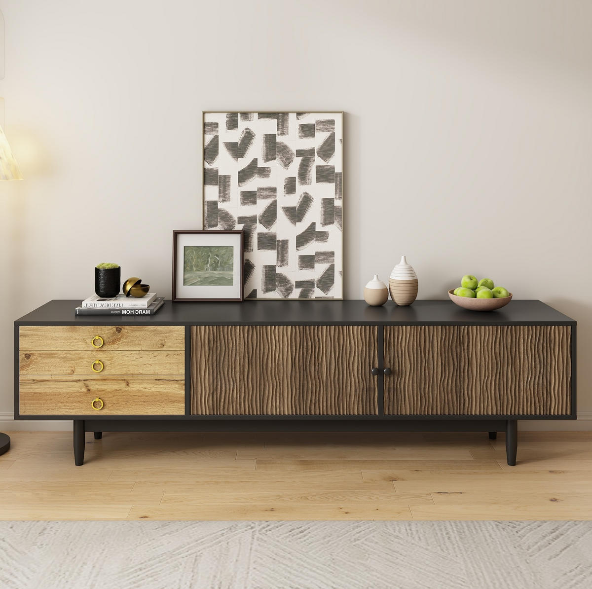 TV-LOWBOARD aus MDF und Spanplatte 180x38x50 cm Schwarz/Natur mit 2 Türen, 3 Schubladen und Wellenmuster - Schwarz, Holzwerkstoff (180/38/50cm) - Modfu