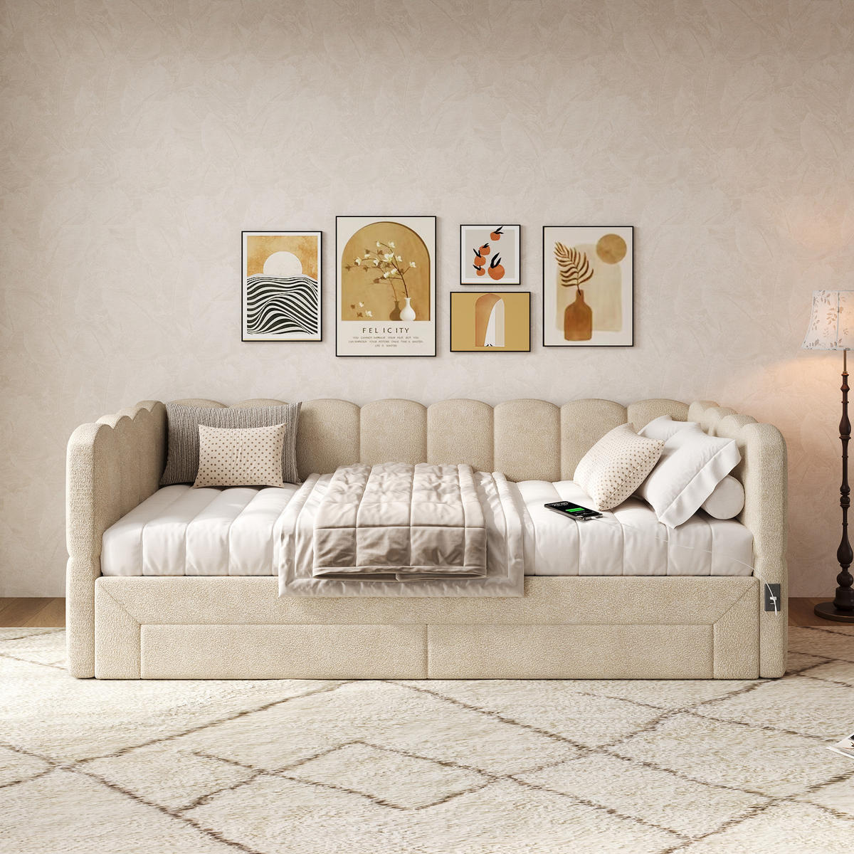 POLSTERBETT 90/190 cm beige aus Chenille mit Ausziehfunktion und USB-Anschluss - Beige, Textil (90/190cm) - OKWISH