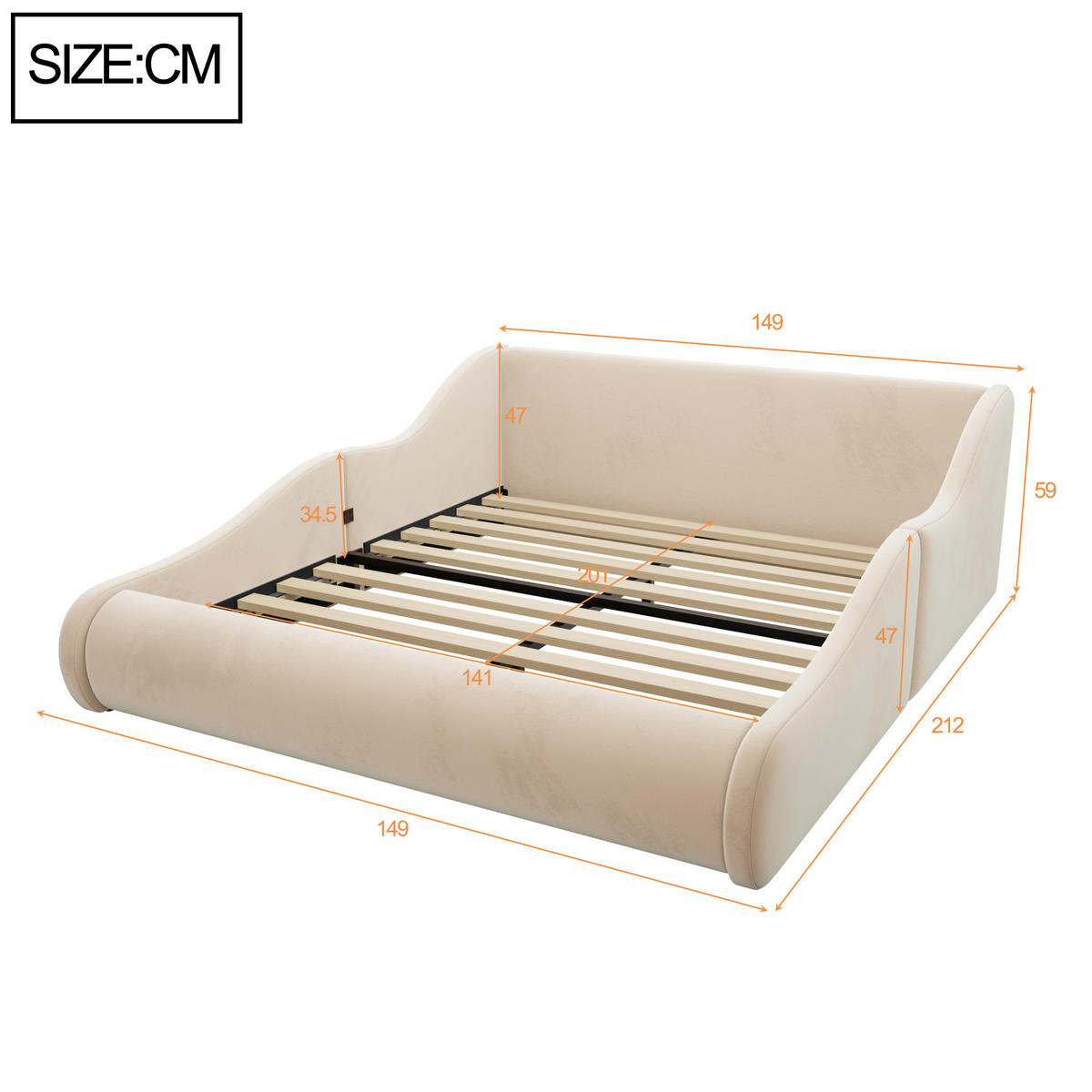 DETSKÁ POSTEĽ 140 × 200 cm v béžovej farbe s bočnými zábranami a vysokým čelom zo zamatu - béžová, kov/kompozitné drevo (140/200cm) - CHICFURN