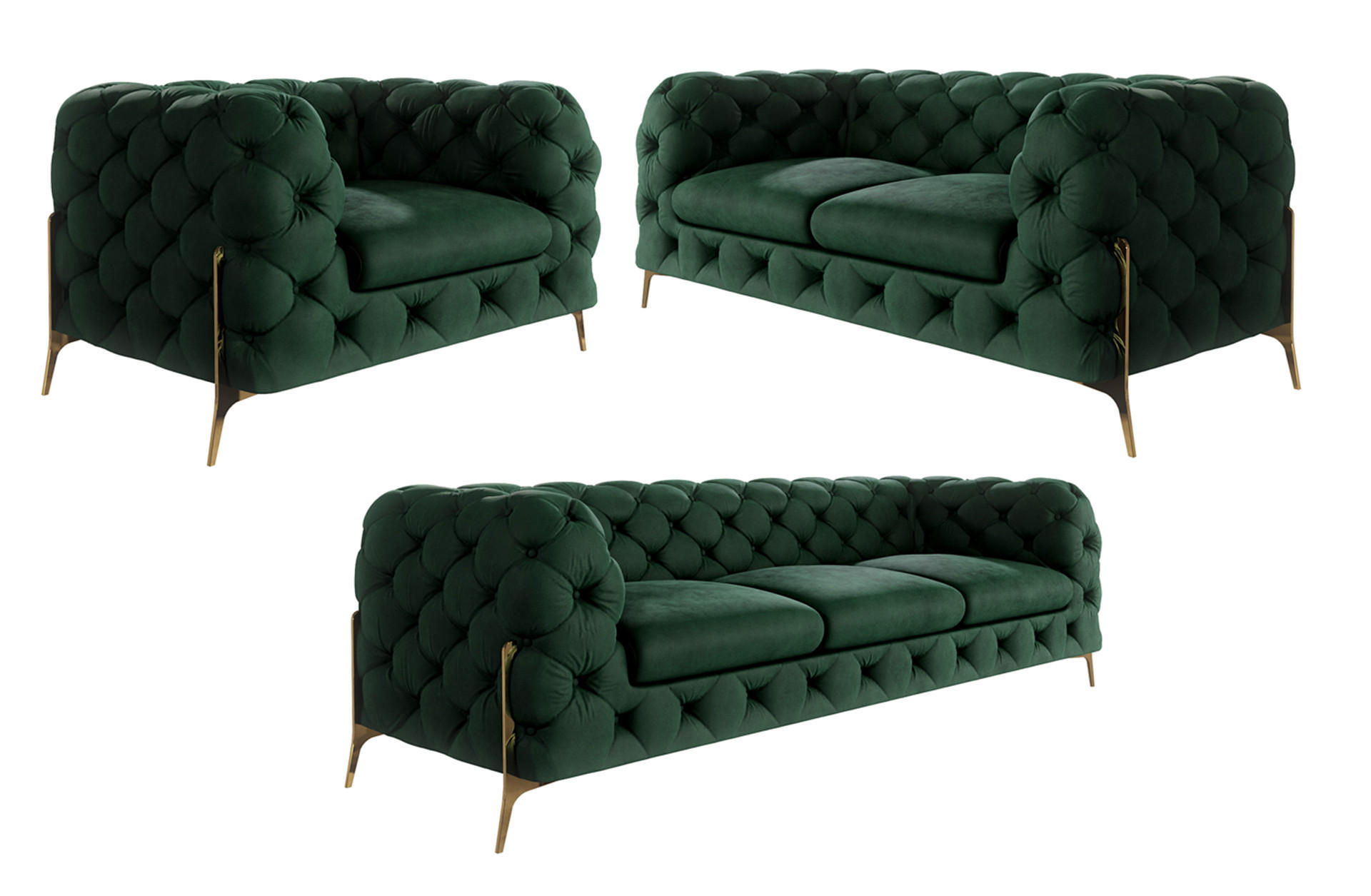 SITZGARNITUR 3+2+1 Chesterfield Lexi Flasche Grün Samt - Smaragdgrün/Goldfarben, Holz/Textil (243/75/100cm) - S-Style Möbel