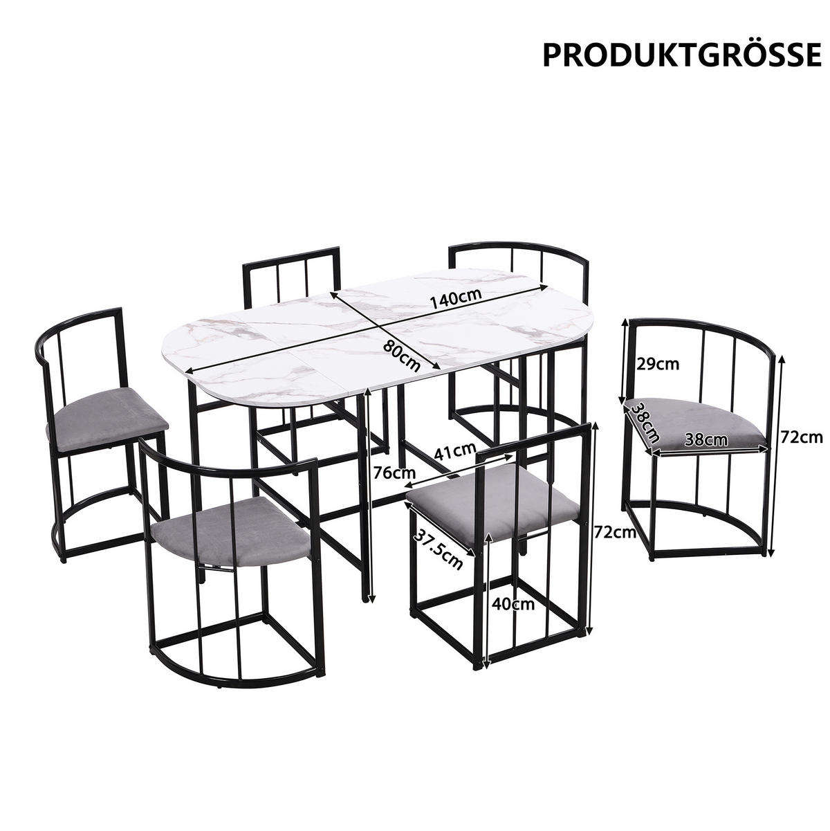ESSTISCHSET mit 6 Stühlen Weiß Schwarz - Schwarz, Metall (80/76/140cm) - Meubliv