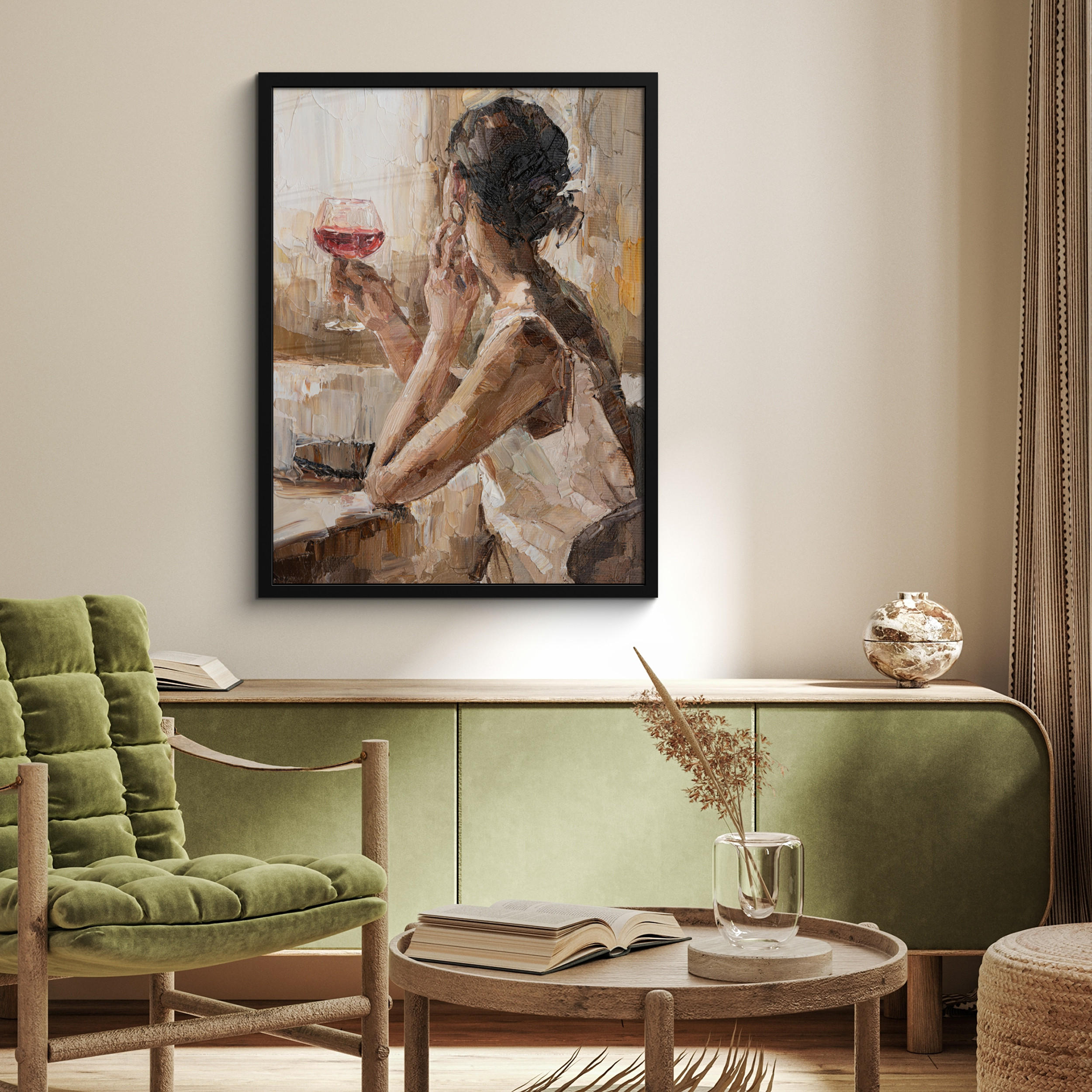 GERAHMTES BILD Ölgemälde - Frau - Wein 60x80 cm - Hellbraun, Papier (60/80cm) - MuchoWow