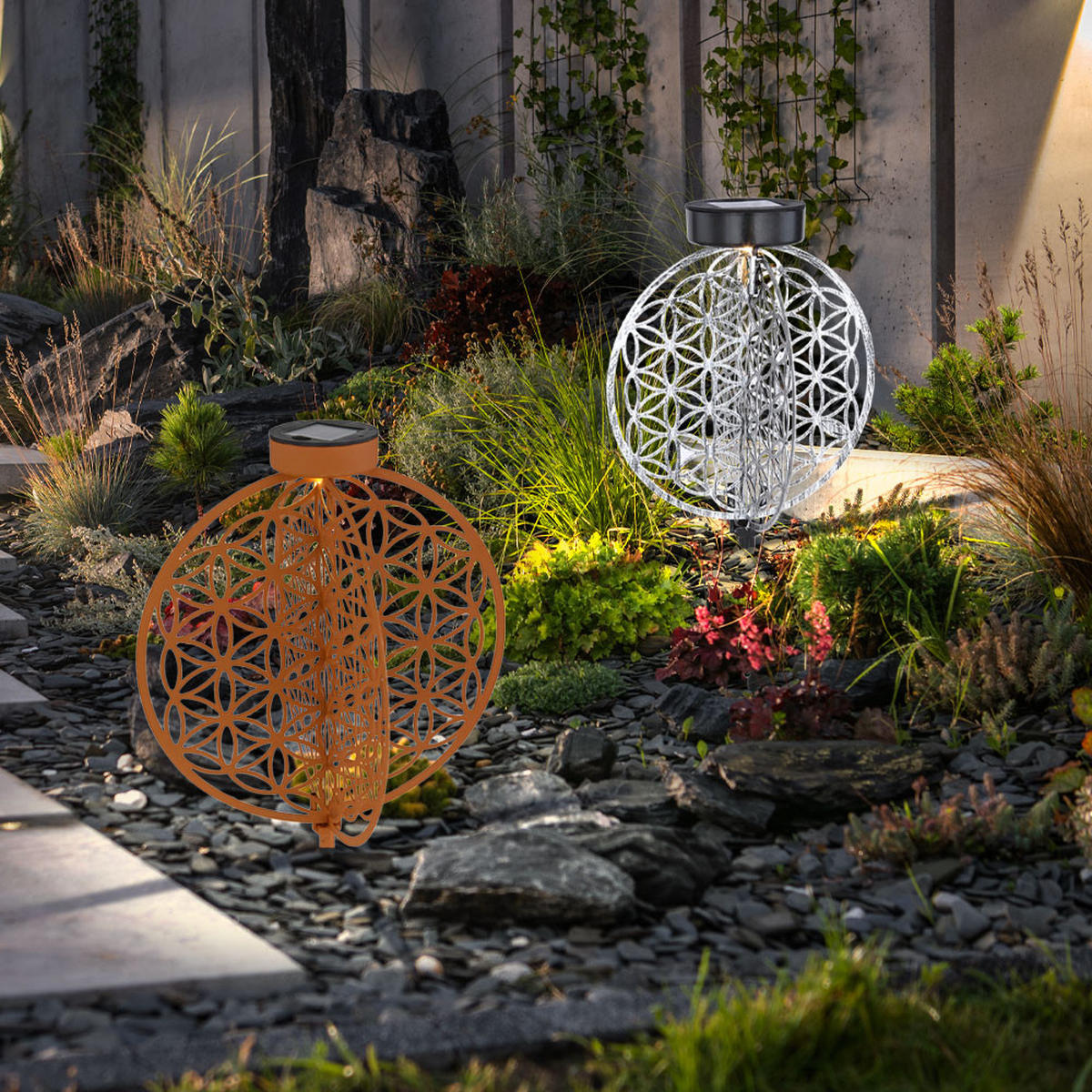 LED AUSSENLEUCHTE Lebensblume Braun Rostoptik 2er Set - Braun, Metall (20/20/31cm)