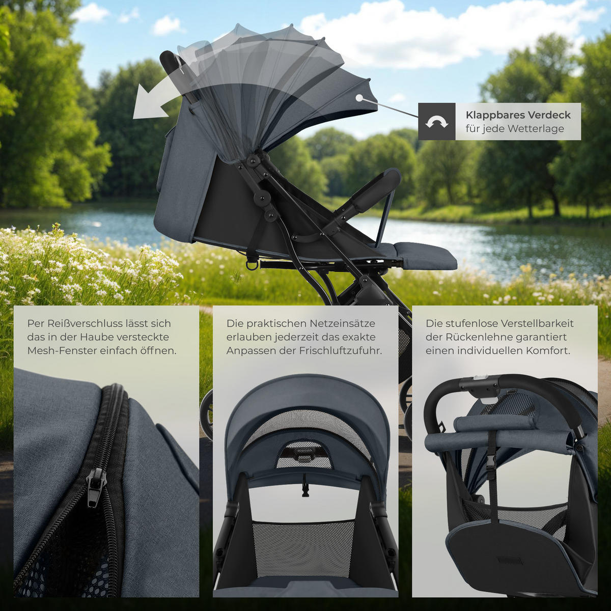 BUGGY-KINDERWAGEN Finn,für 0 bis 36 Monate geeignet, Belastbarkeit 15 kg,anthrazit - Anthrazit, Textil (95/51/105cm) - tectake