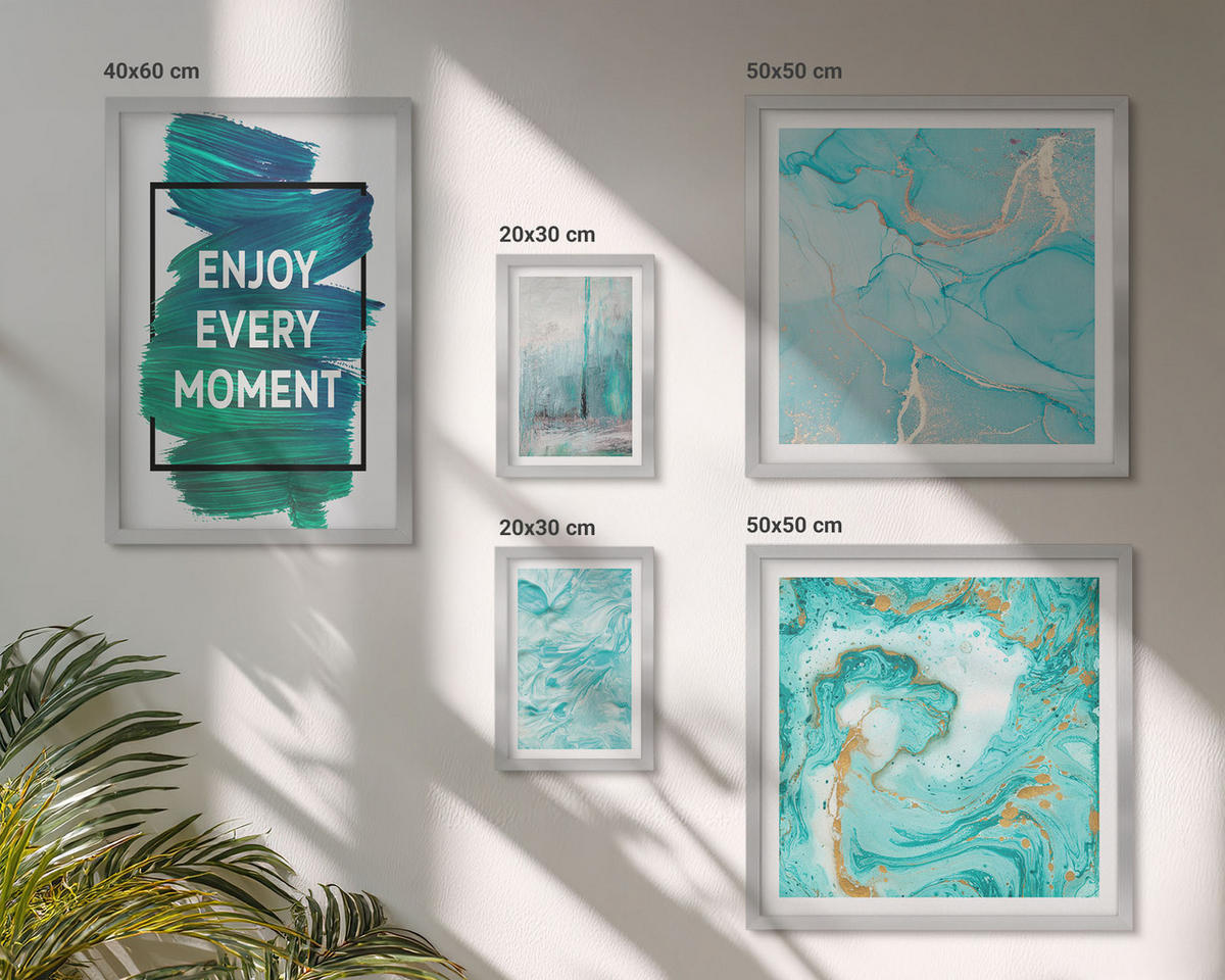 WANDBILDER 5er Set - 50x50 cm & 20x30 cm & 40x60 cm Silberner Rahmen - Farbenfrohe Abstraktionen, Gesichter, Formen - Silberfarben, Kunststoff (40/60cm) - ArtPrintCave