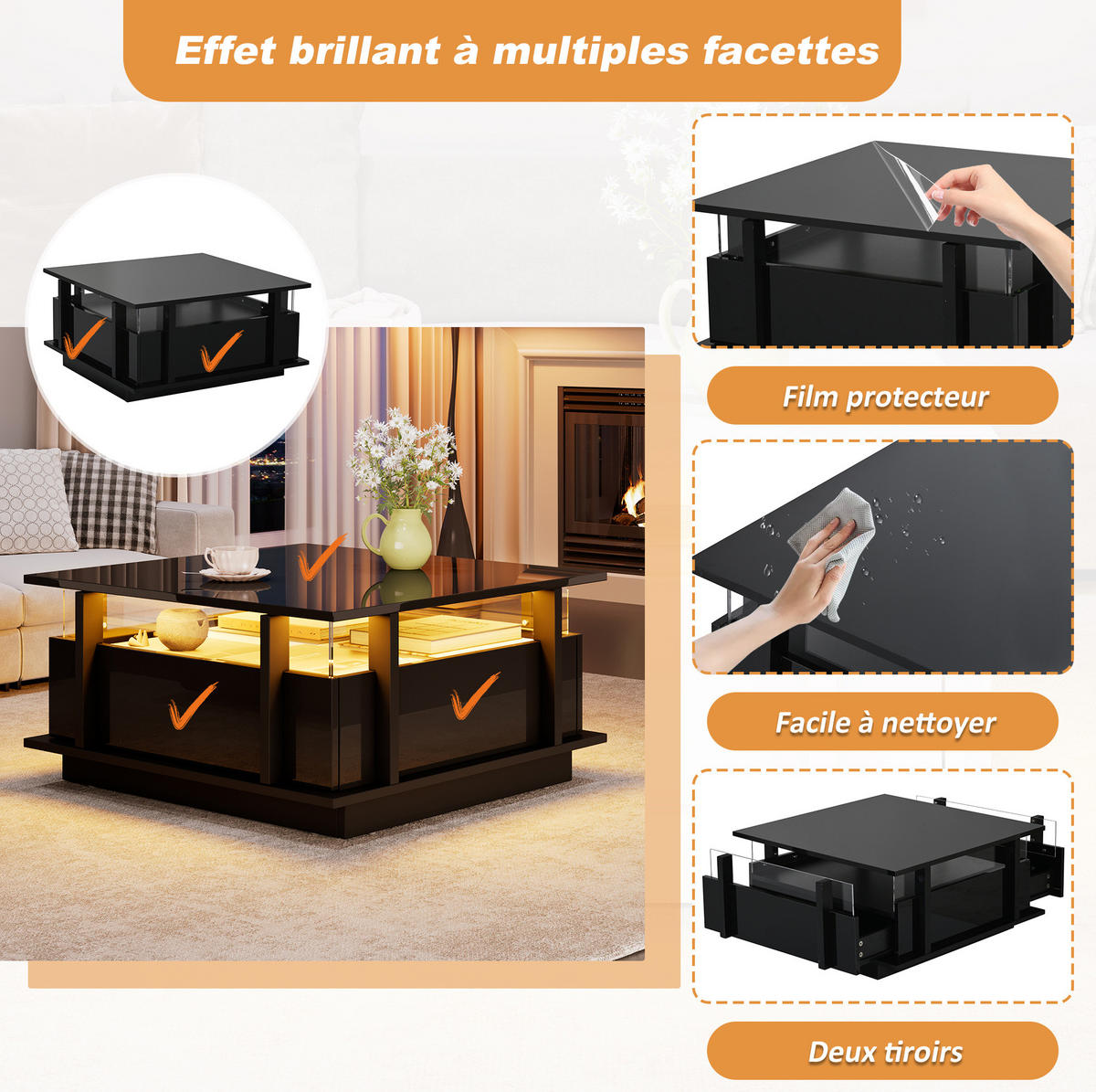 COUCHTISCH 70/70/35 cm Schwarz aus Holzwerkstoff mit LED-Beleuchtung und 2 Schubladen - Schwarz, Holzwerkstoff (70/70/35cm) - OKWISH
