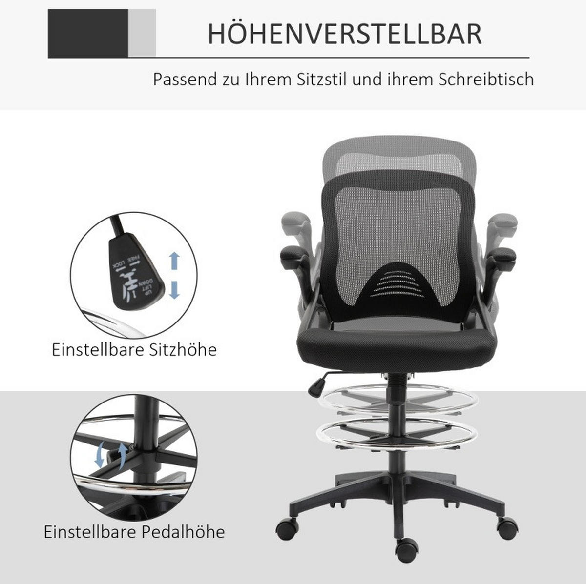 BÜROSESSEL höhenverstellbar mit Fußstütze Schwarz - Schwarz, Kunststoff (60/126/64cm) - Meubliv