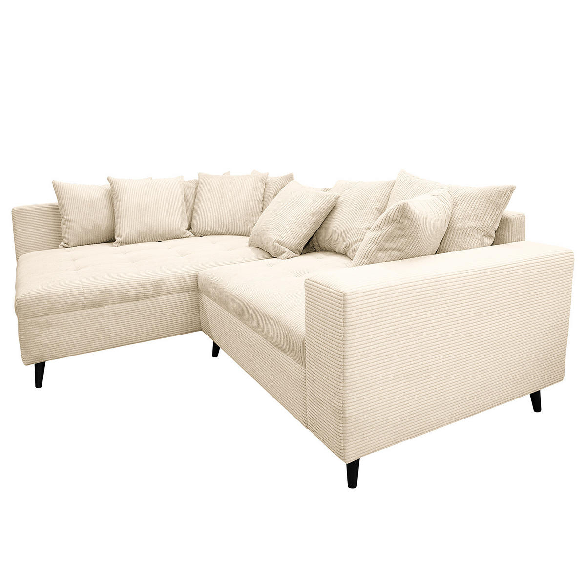 ECKSOFA mit Ottomane und Hocker - Creme/Schwarz, Birkenholz/Textil (247/174cm) - home24