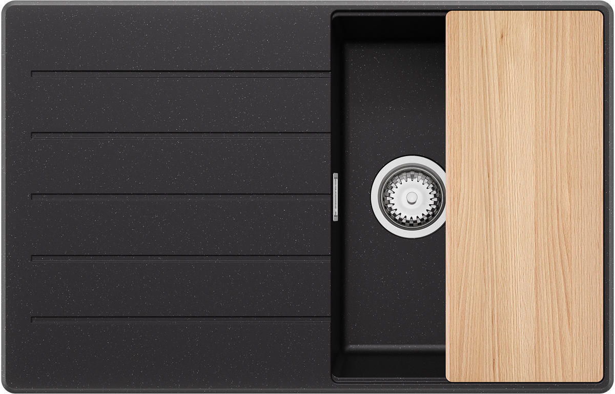 SPÜLBECKEN Kopenhagen, 2-er set Schwarz Metallic 78/50 cm 1 Becken + Ablauf-Set + Schneidebrett ab 45er Unterschrank - Chromfarben/Schwarz Hochglanz, Kunststoff (78/20/50cm) - Primagran