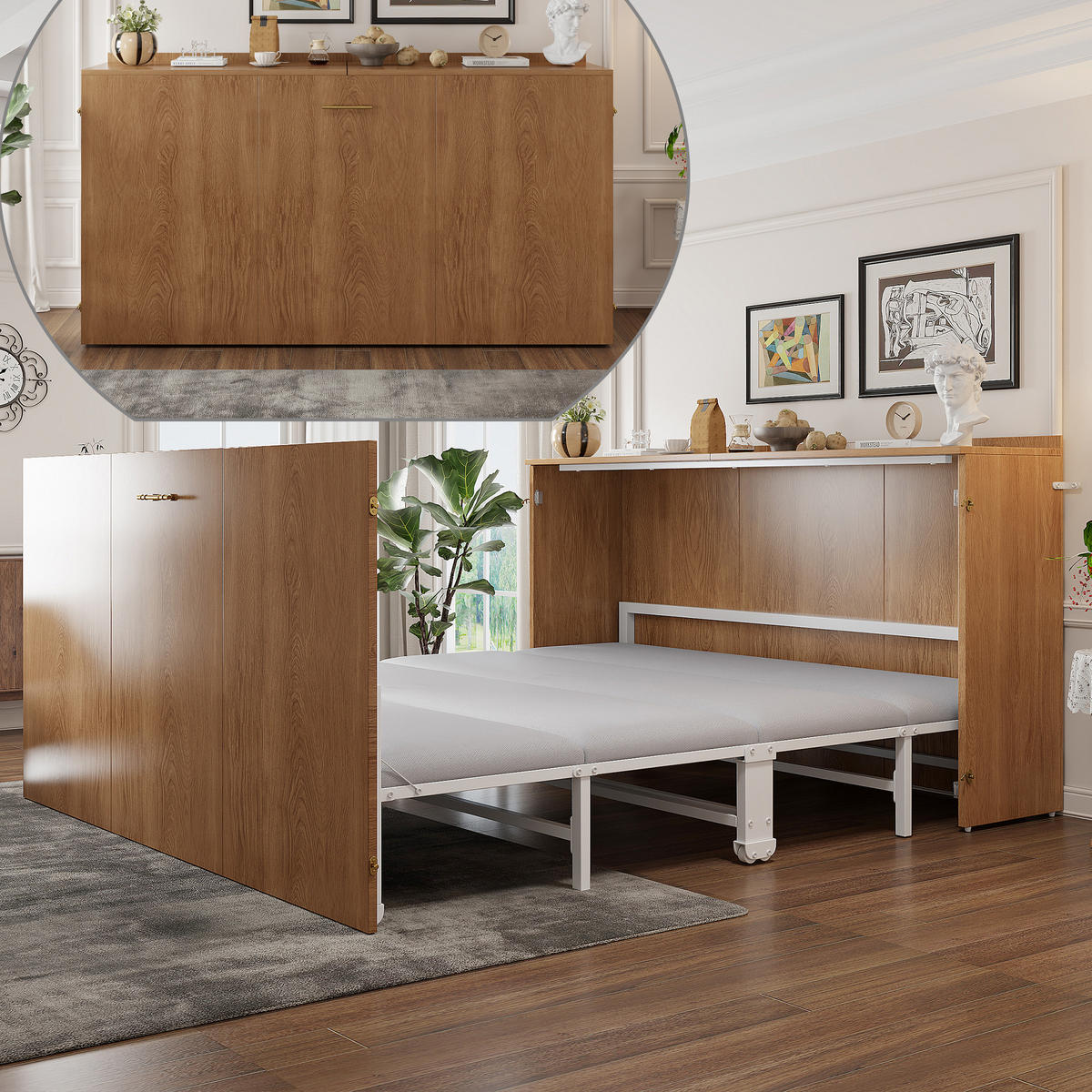 SCHRANKBETT 140/200 cm in Holz mit Leinenmatratze - Walnussfarben, Holzwerkstoff/Textil (140/200cm) - CHICFURN