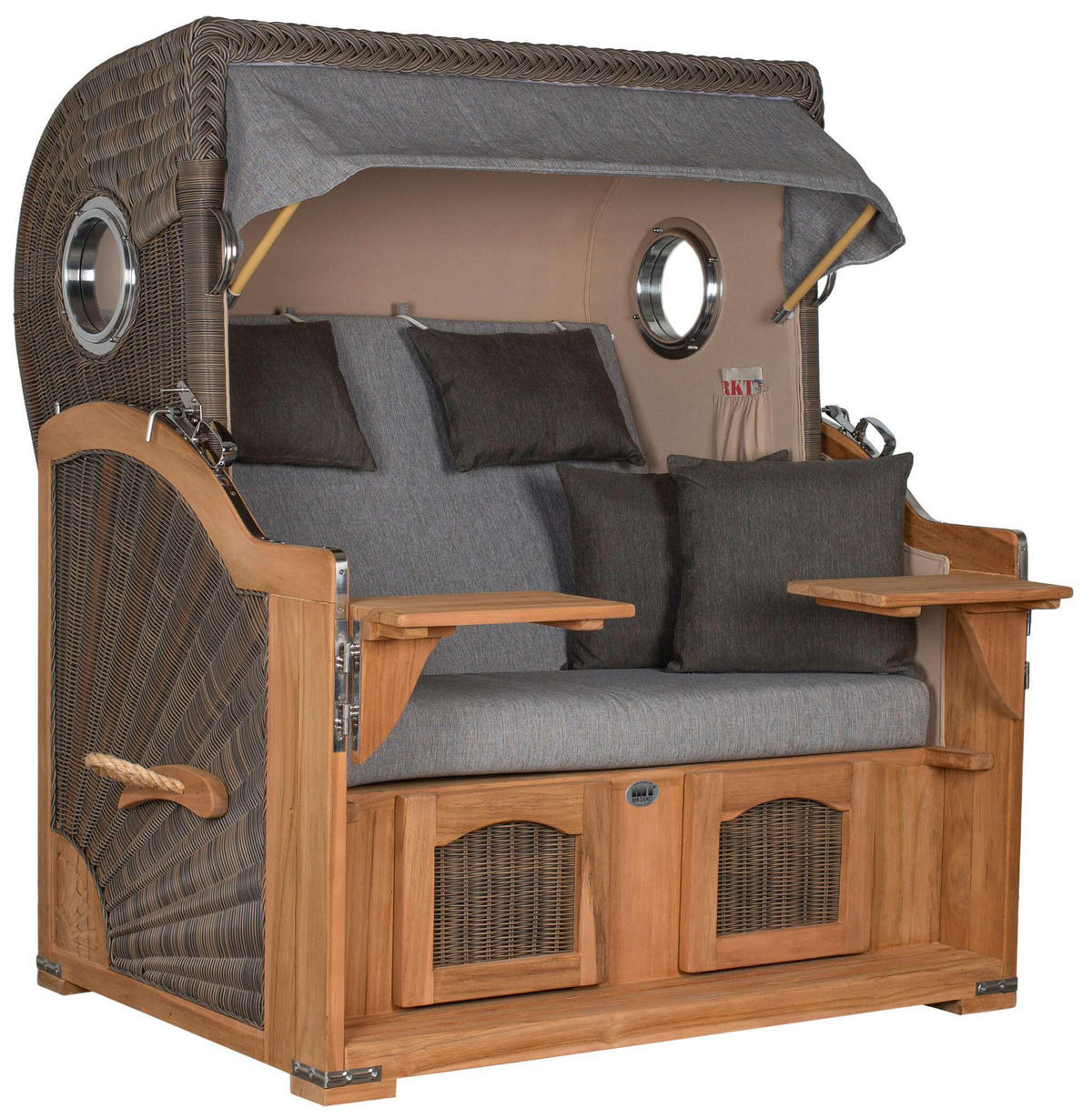 STRANDKORB Düne Grande Bullauge Teak PE Grey Dessin 570 - Braun/Grau, Metall (142/170/95cm) - Mr. Deko