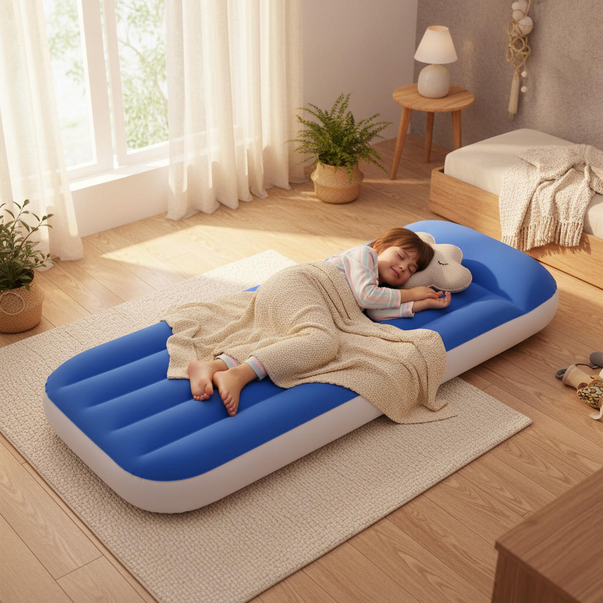 LUFTBETT Luftmatratze Camping Kinder 157 x 66 x 23 cm blau aufblasbar ohne Pumpe - Blau, Kunststoff (66/157cm) - Avenli