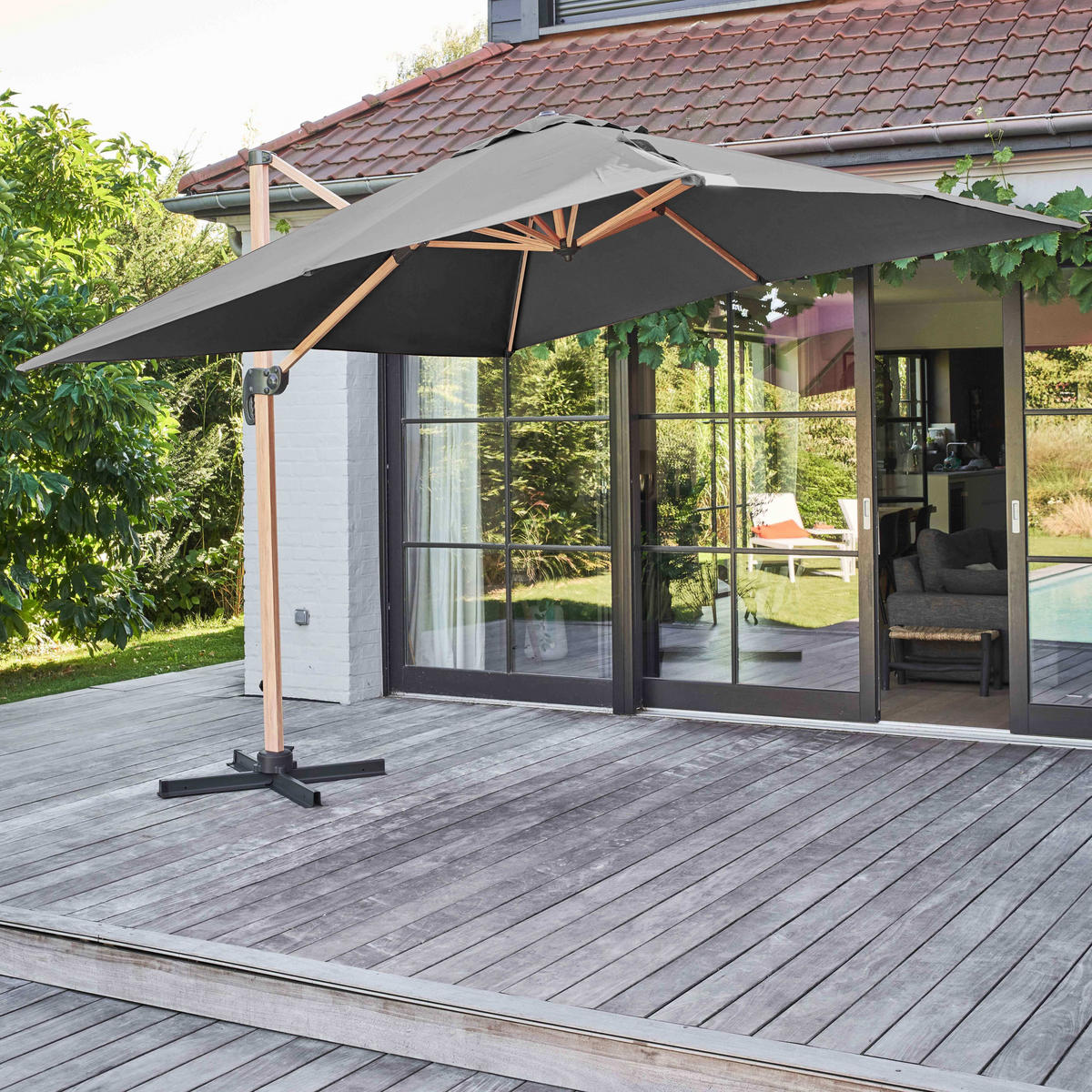 SONNENSCHIRM 3x3m Holzeffekt, Grau - Grau, Metall (300/300cm) - Oviala