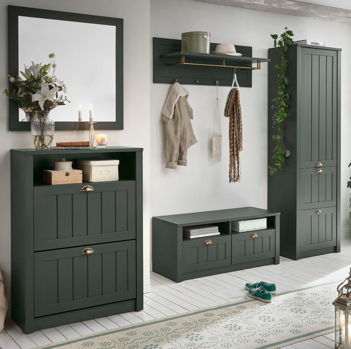 GARDEROBENKOMBINATION grün, Landhausstil, Garderobe Set 5-teilig 282 x 198 cm - Dunkelgrün/Goldfarben, Holzwerkstoff/Kunststoff (283/198/43cm) - Furn.Design
